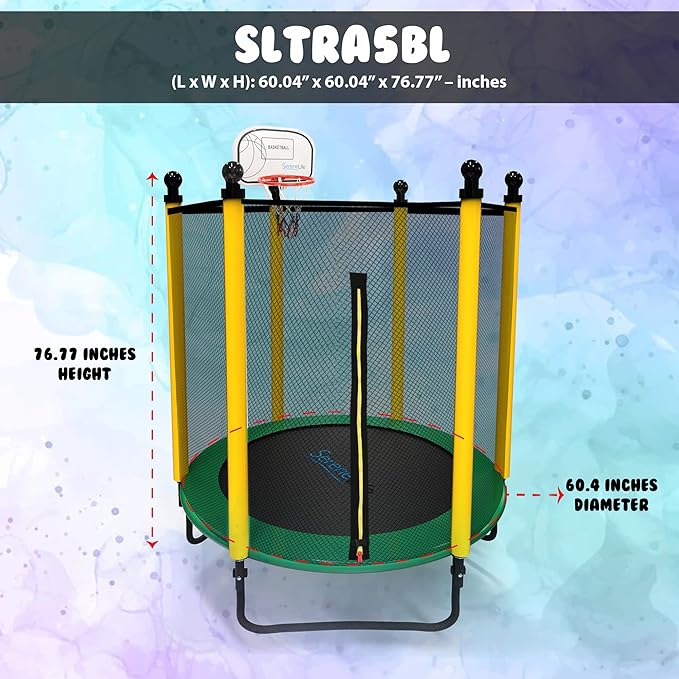SereneLife 5FT Outdoor & Indoor Trampoline for Kids – Durable Mini Toddler Trampoline with Net Enclosure & Basketball Hoop - Supports 176 lbs, 60"x76"