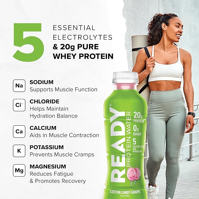 Ready® Protein Water ??20g Whey Protein Isolate, Zero Sugar, Low-Calorie Sports Drink for Hydration & Recovery ??Electrolytes, Essential Amino Acids ??Cotton Candy Grape, 16.9 fl oz Bottles (12-Pack)