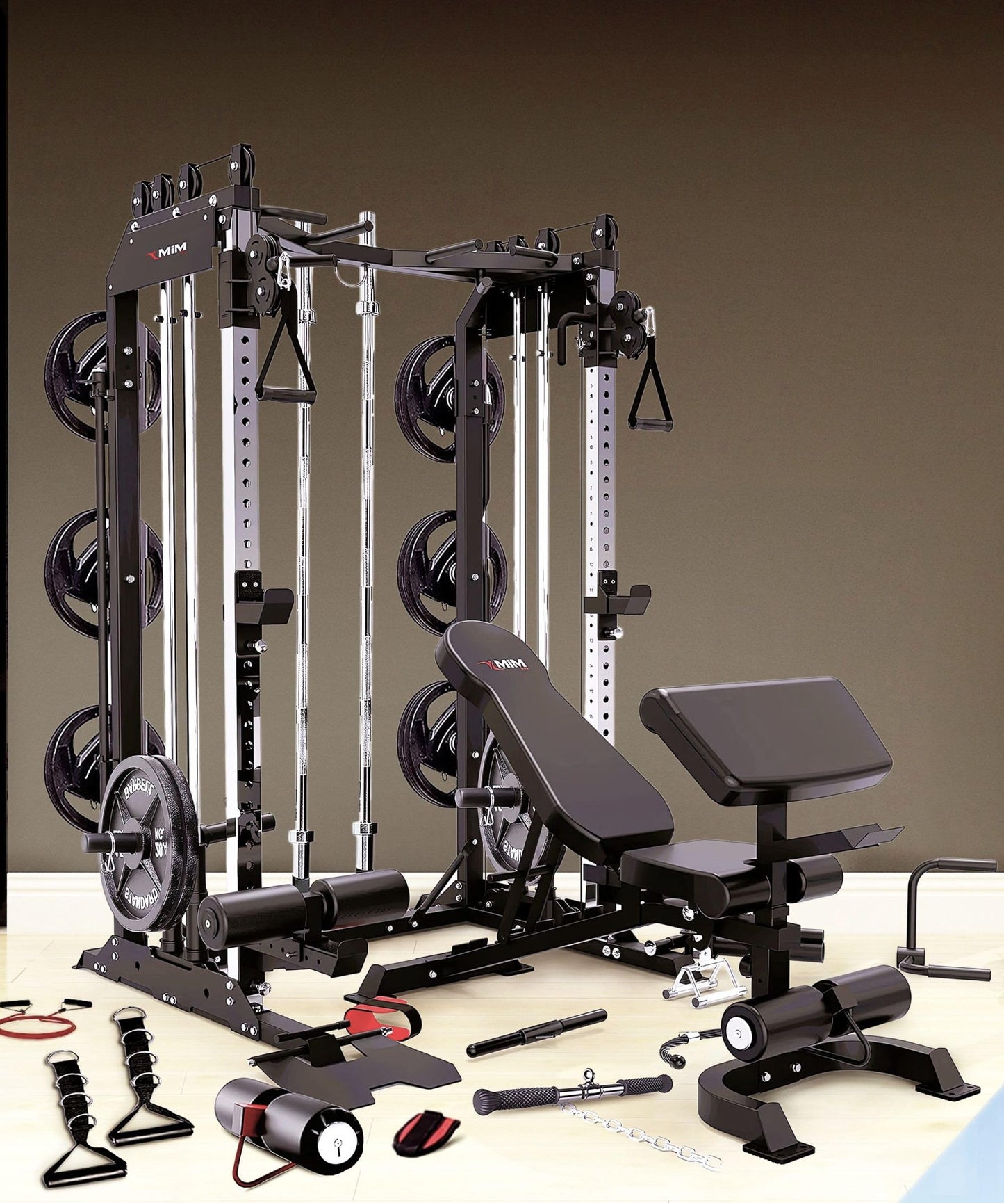 MiM USA Pro Master, All in One Home Gym, Smith Machine & Functional Trainer, 2000LB Capacity, W/ Adjustable Bench, Arm Curl & Complete Attachment