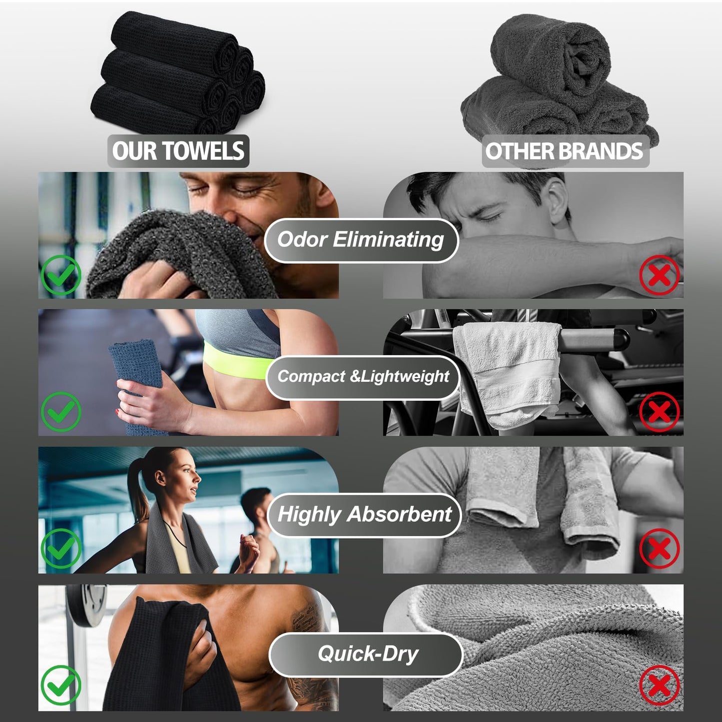 Vnoss Microfiber Gym Towels for Working Out, Quickly Dry Yoga Towels for Men & Women Tennis, 16 Inch x 27 Inch, 6 Pack, Black