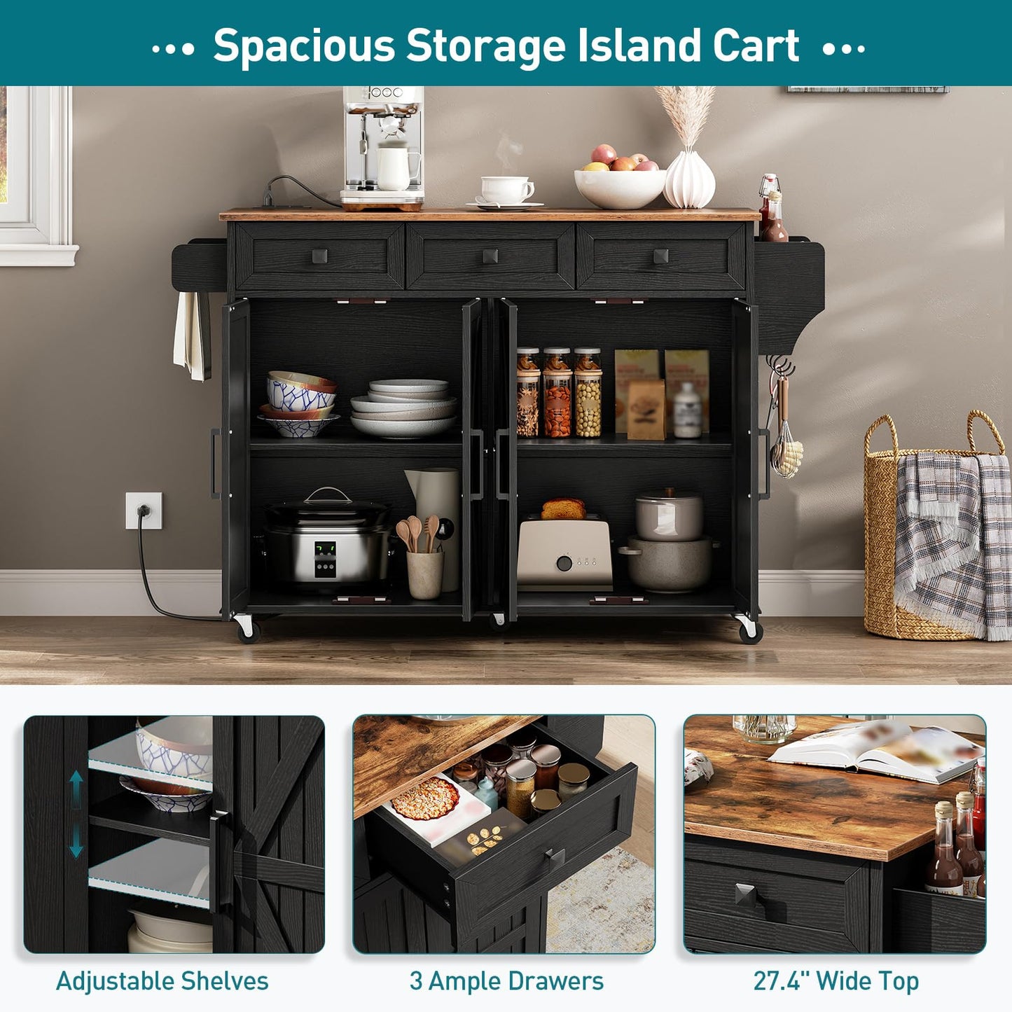 RALGEND Kitchen Island with Drop Leaf & Power Outlet, Rolling Kitchen Island Cart On Wheels, Barn Door Kitchen Island Table with Storage, Island Table for Kitchen, Black and Rustic Brown