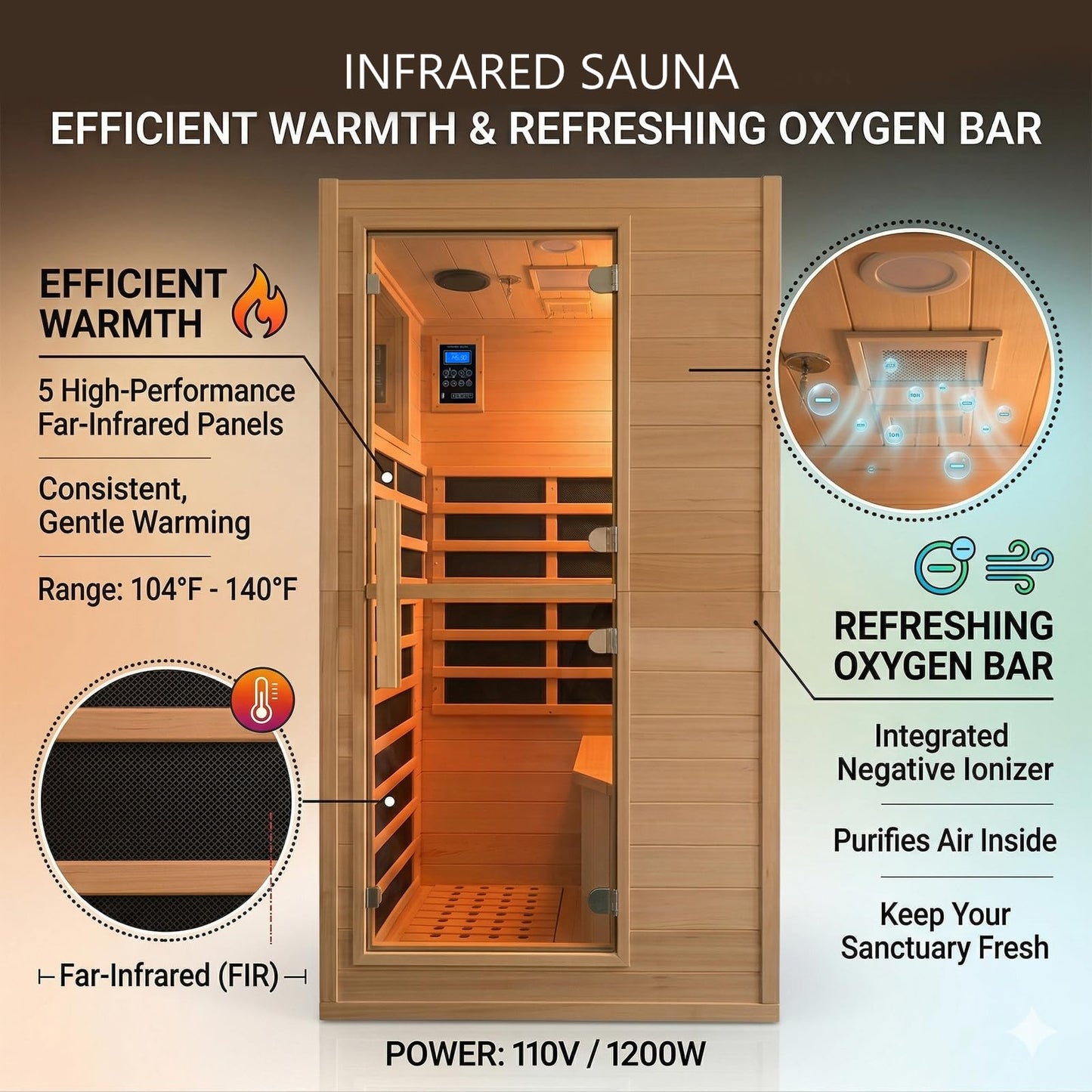 DWKWE 1 Person Low EMF Far Infrared Sauna, Natural Spruce Wood Compact Home Sauna, 1200W 110V, Bluetooth & Reading Light, 6mm Tempered Glass, Small Space Personal Sauna