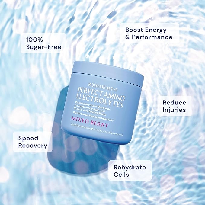 BodyHealth PerfectAmino Electrolytes Powder No Sugar, Keto Sugar Free Fasting Electrolytes Drink Mix, Hydration Powder with Trace Minerals - Mixed Berry - 60 Servings
