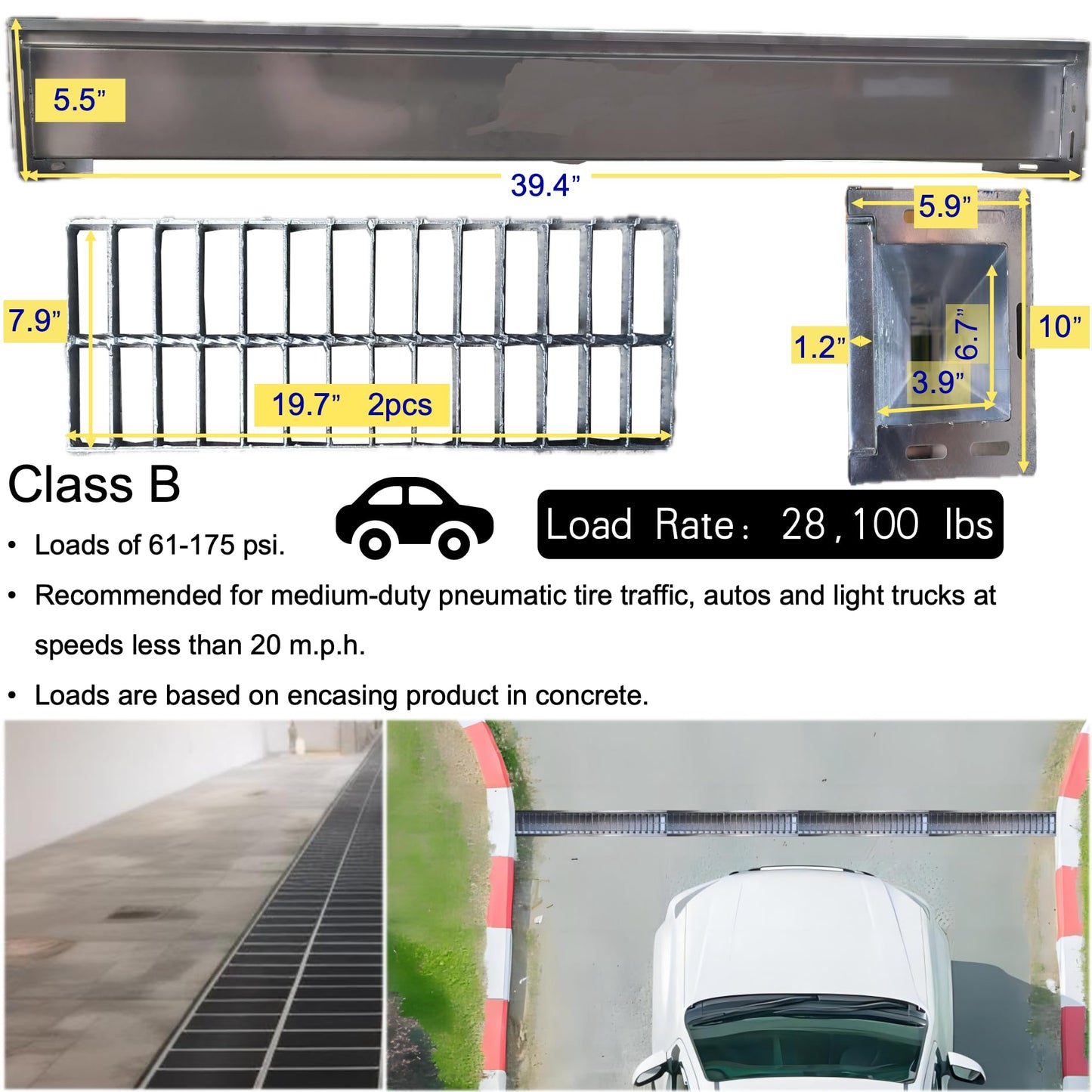 MASSLUNT 304 Stainless Steel Channel Drain with Galvanized Steel Grate 39.4x9x6 in, B-Class 28100 lbs Heavy-Duty Drain Kit for 3" Pipe, Trench Drainage System for Outdoor, Driveway, Garage, Yard