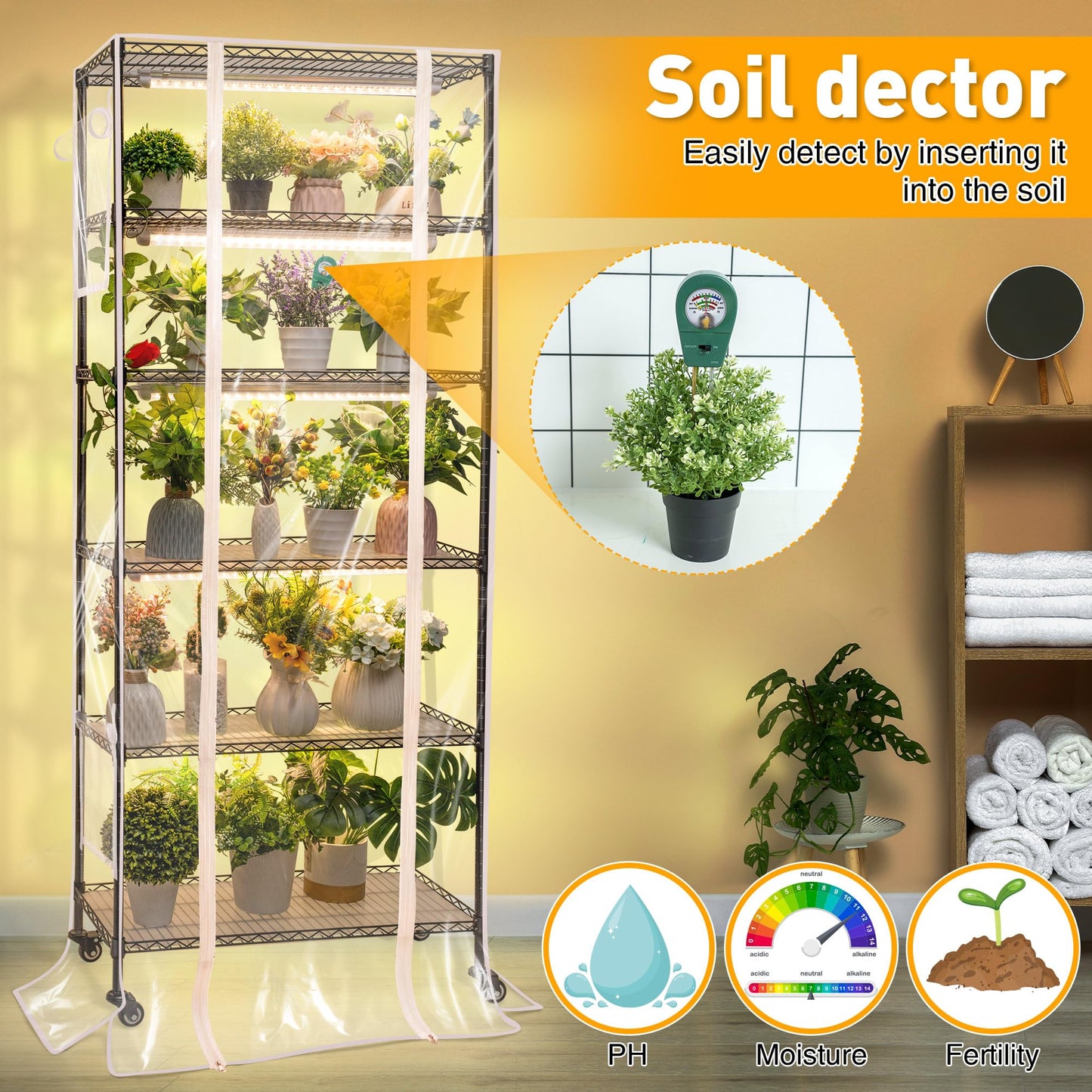 Meonum Indoor Greenhouse with Grow Lights, 6 Tier Metal Plant Shelf with Cover (30" x 13.8" x 70.8"), 5 Pack Full Spectrum Growing Lamps for Seed Starting, Grow Rack with Timer, Thermometer, pH Meter