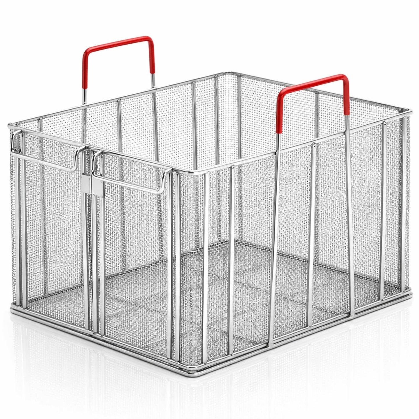 Sawysine Stainless Steel Pasta Basket, 16 Inch Large Rectangle Pasta Boil & Strainer Basket for Kitchen, Commercial Collander with Insulated Red Handle and Drain Hook
