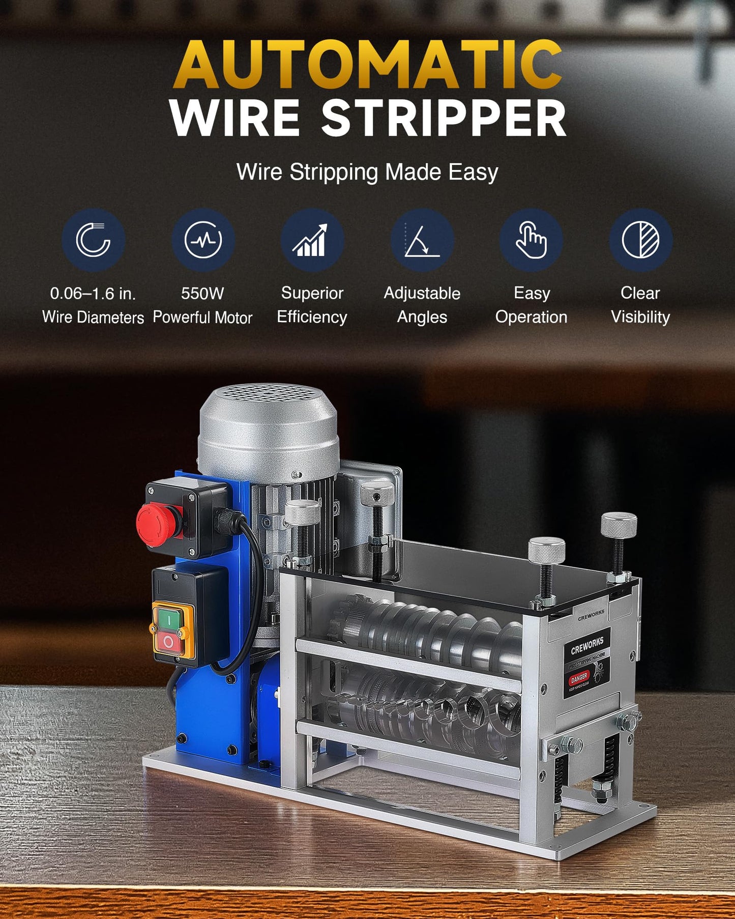 CREWORKS Electric Wire Stripping Machine, 11 Channel Automatic Wire Stripper for 0.06-1.6 in. Copper Wires, 550W Cable Stripper Machine with 10 Blades, Electric Wire Stripper for Workshop Recycling