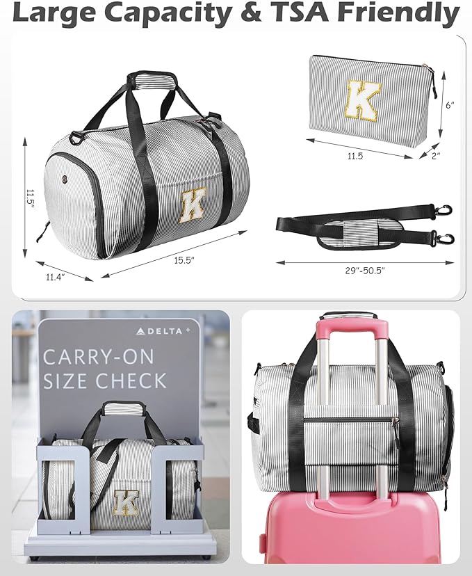 Gifts For Teenage Girls, Girl Gym Bag, Kids Monogram Overnight Duffel Bags with Shoe Compartment, Personalized Travel Bag with Makeup Pouch, Dorm Room Essentials for Teen (Letter R)