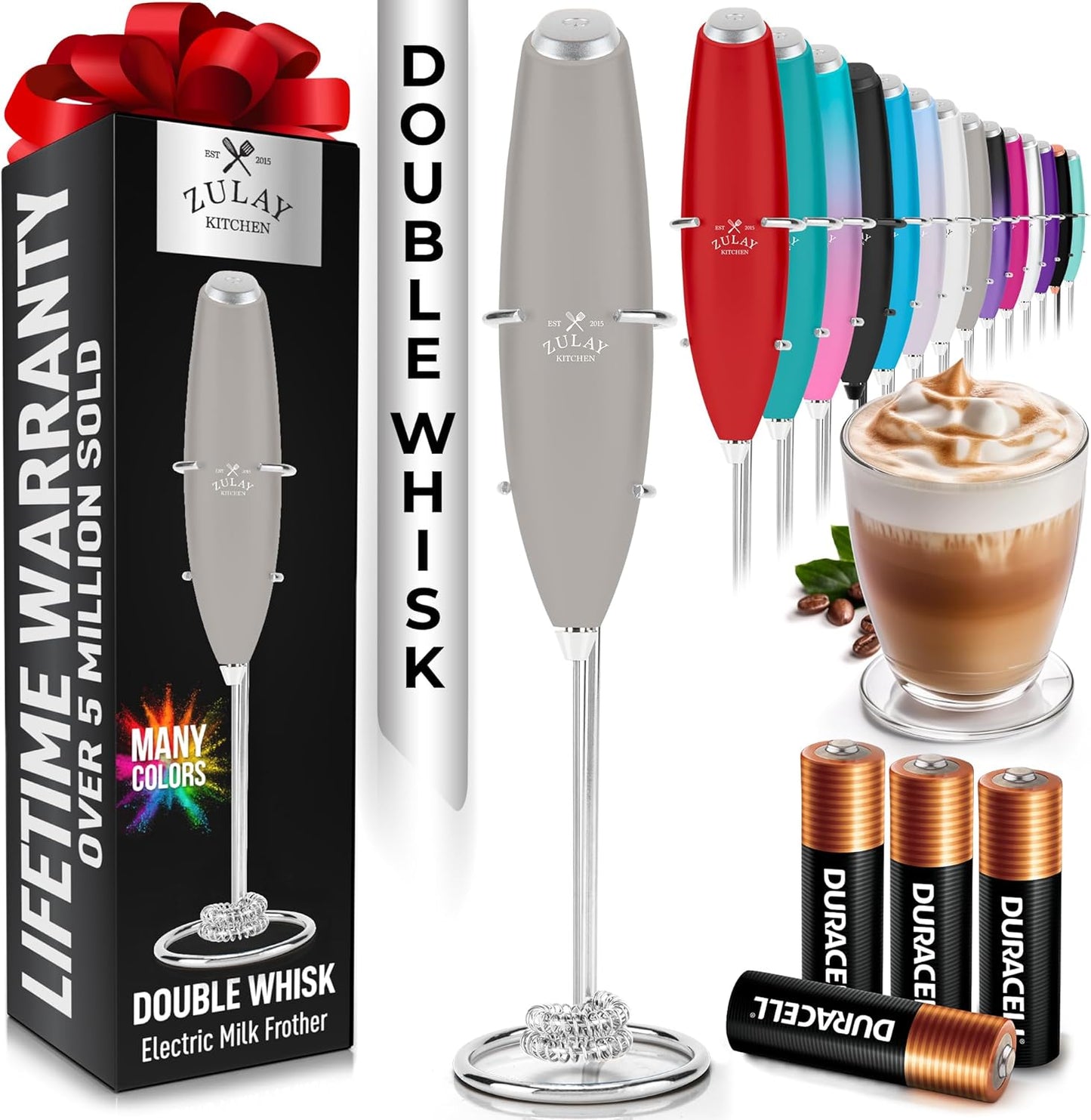 Zulay Kitchen Milk Frother - Powerful Handheld Whisk for Coffee, Lattes & Matcha - Includes 4 Duracell Batteries