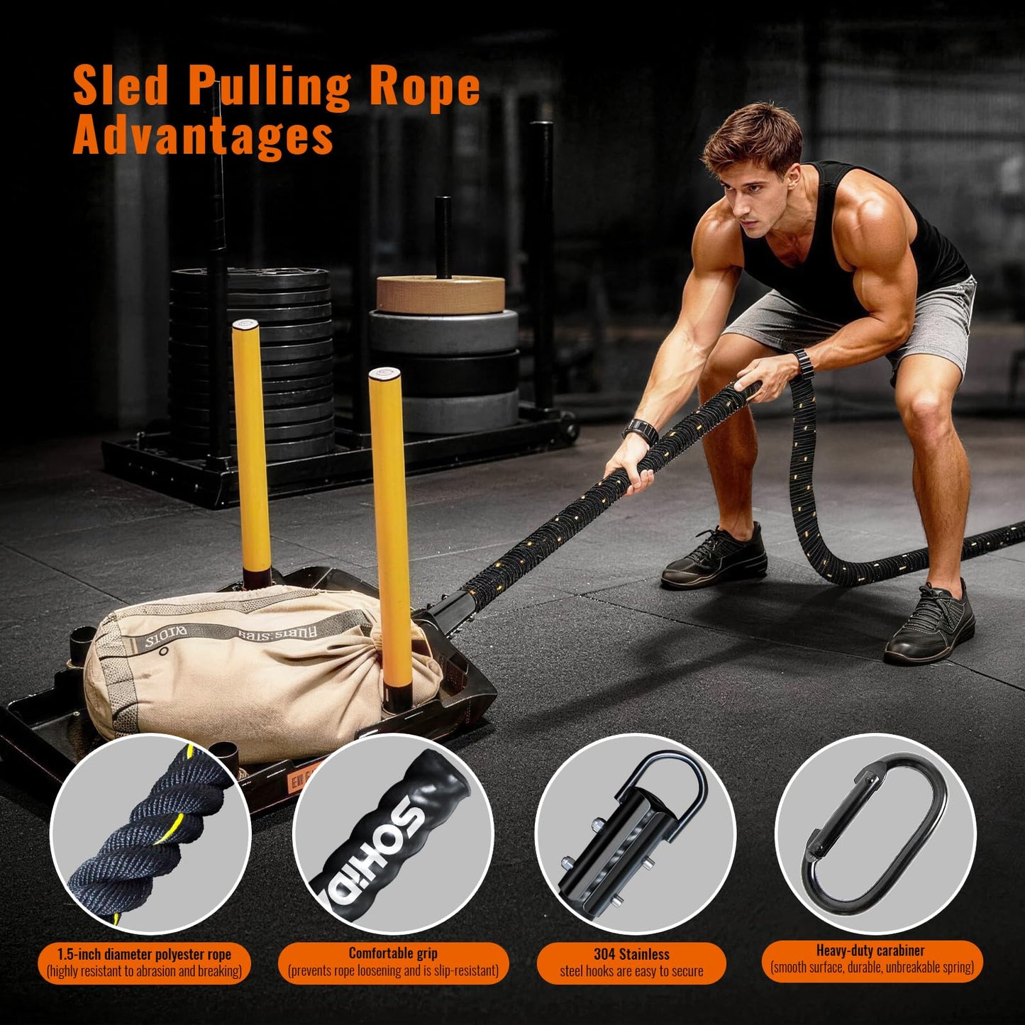 SOHIDAS 40FT Weight Sled Rope Workout Sled Pulling Ropes, Sled Push Gym Equipment Weight Sled Pull Rope for Training Tire Pulling Workout Fitness Resistance Football Exercise Equipment for Men Women