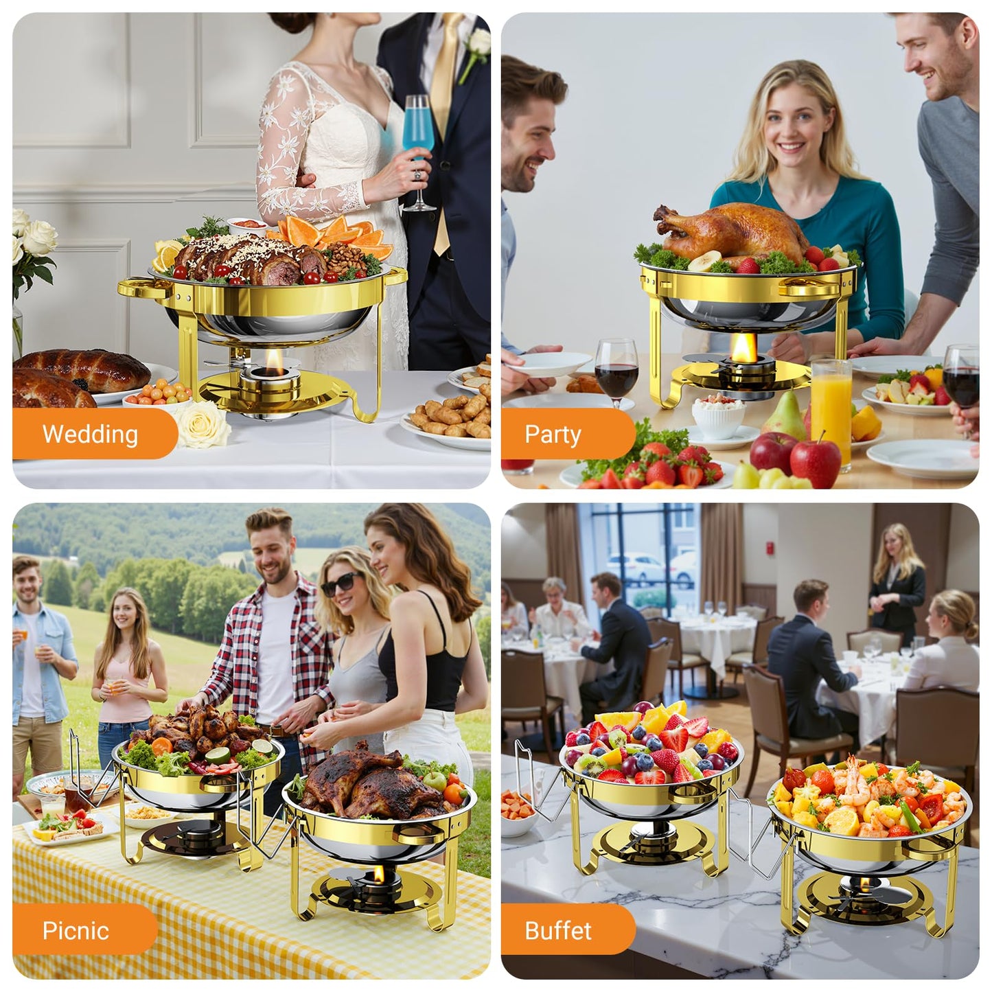 Chafing Dishes for Buffet 4 Pack, 5QT Round Stainless Steel Chafing Dish Set Food Pan with Lid, Buffet Warmers Sets for Home, Gatherings, Birthday, Parties, Church Events,Catering Events