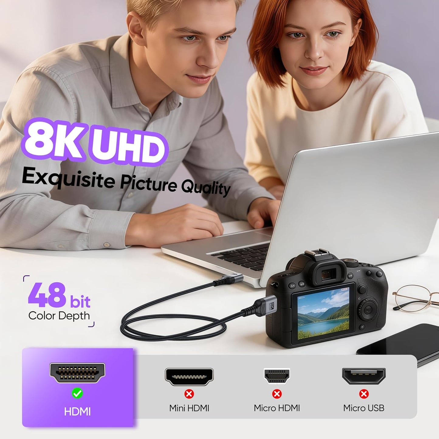 Vorothin 8K 3 2-Pack, 48Gbps 2.1 4K@120Hz/144Hz 8K@60Hz, HDR10 2.2/2.3 PS5, HDMI Cable FT High Speed HDMI Cable, eARC