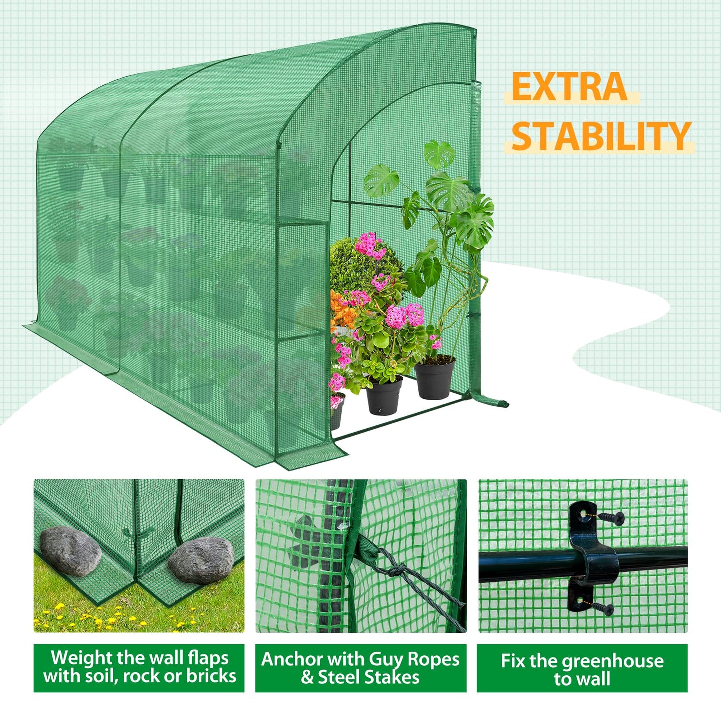 EAGLE PEAK 3 Tier Lean to Portable Greenhouse, Heavy-Duty Indoor & Outdoor Garden with Wire Shelves, 2 Roll-Up Zipper Doors, Easy Assembly, 120"x60"x84" Clear/Green PE Cover