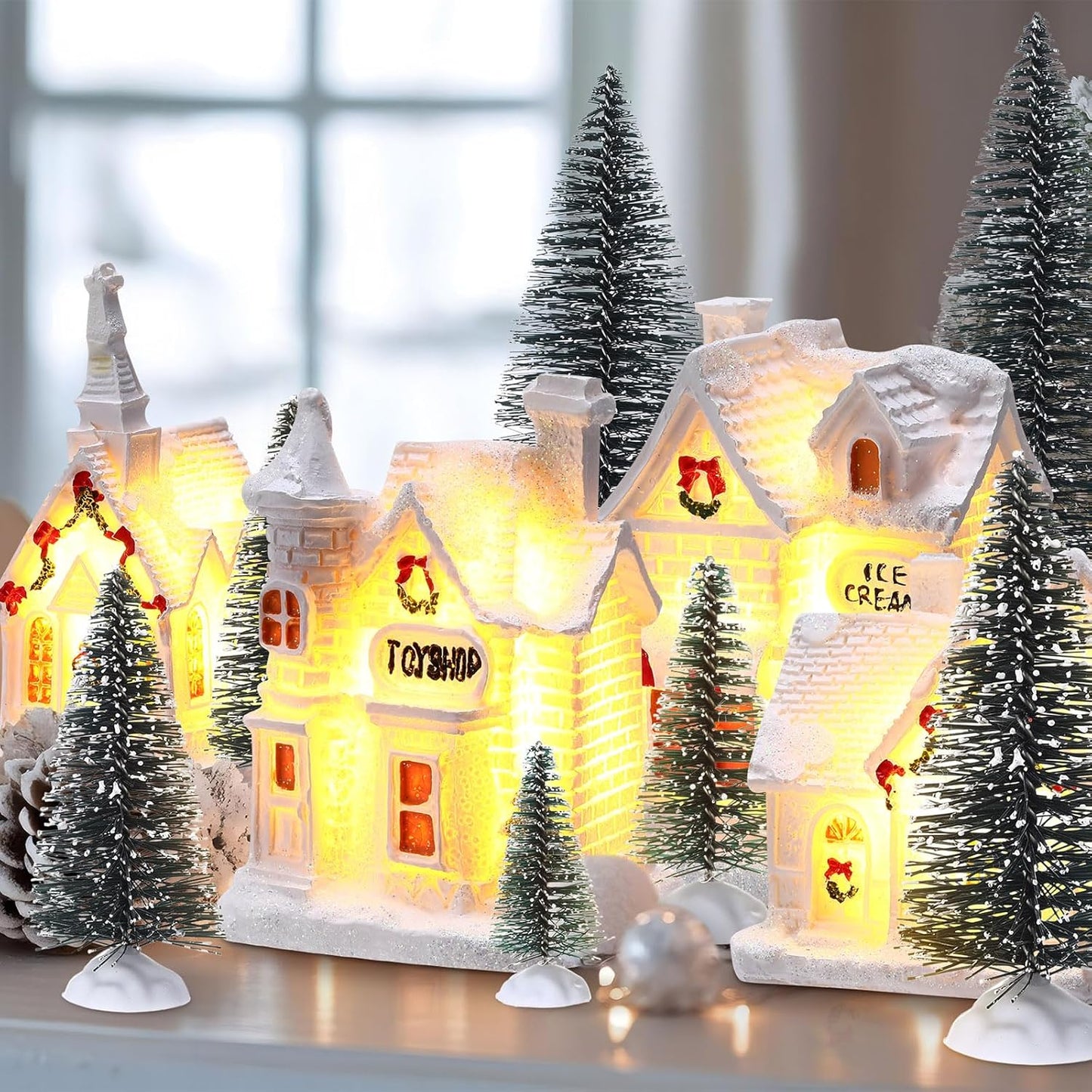 Vinsot 26 Pcs Resin Winter Miniature Village Set - Light Up LED Houses & Pine Trees for Holiday Decor