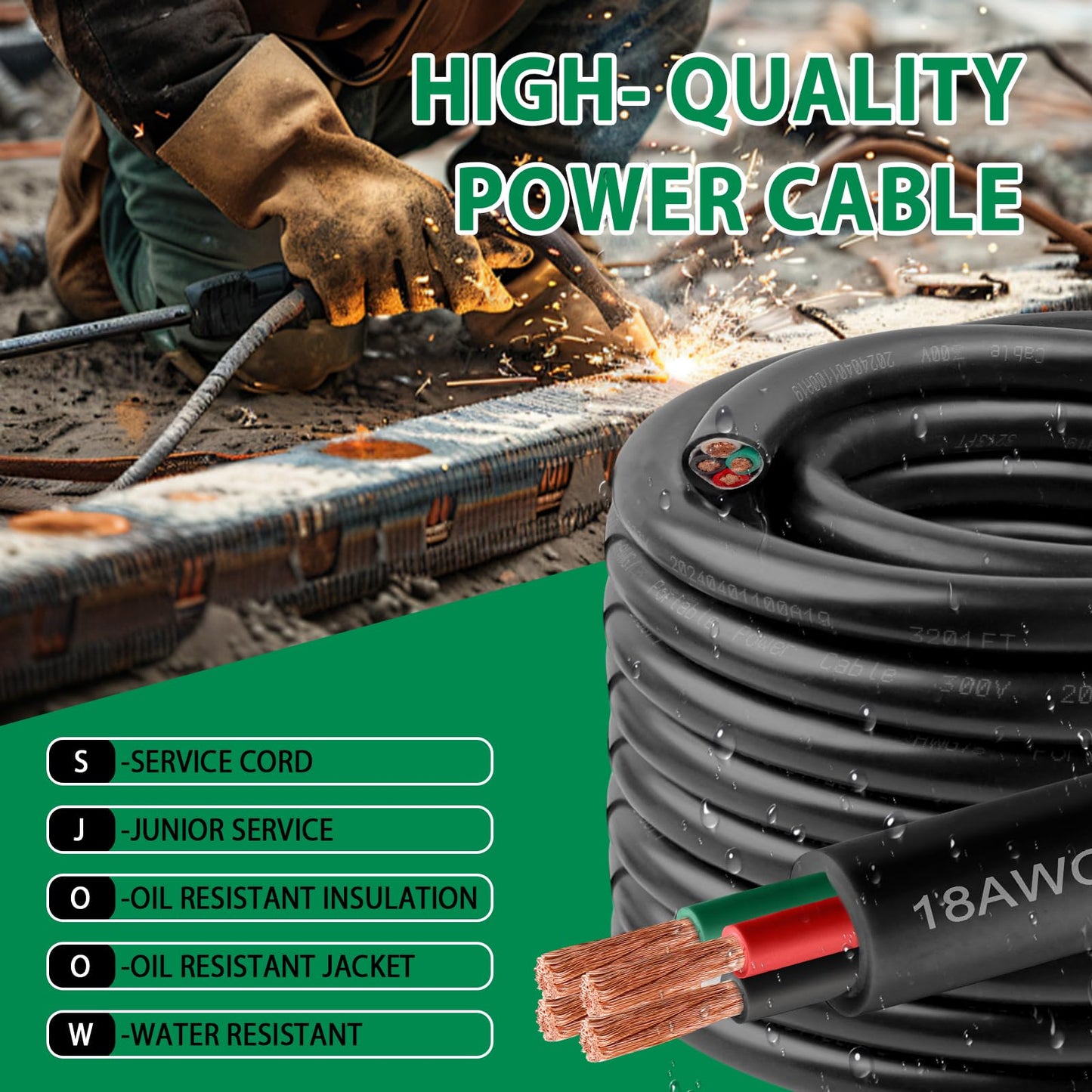 14/4 SJOOW Wire 150FT, 14 AWG 300V SJOOW Bulk Cable, 14 Gauge 4 Conductor Portable Cable for Welder,Generator,Portable Light,Circuits,EV Car Charger,Motor Lead