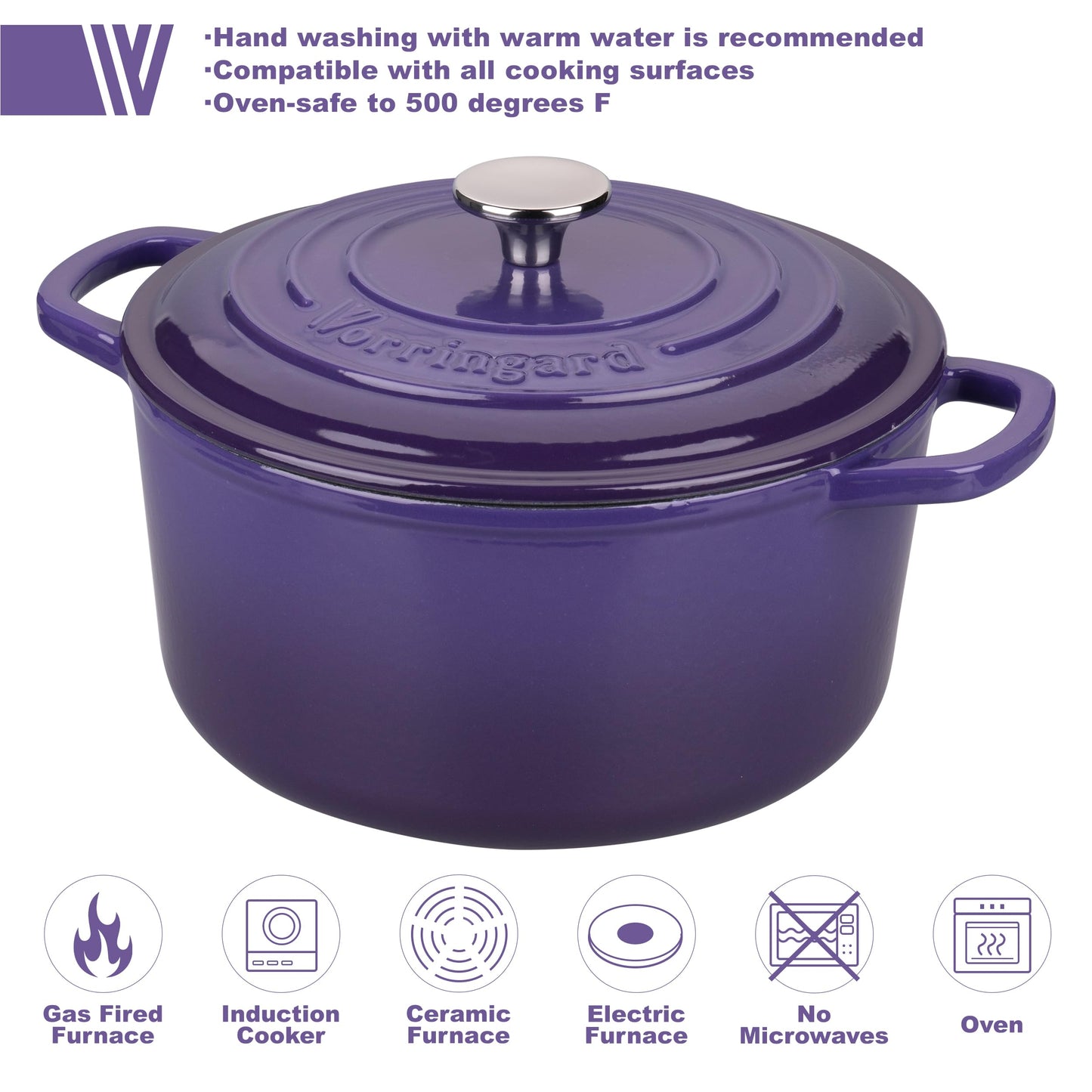 VORRINGARD Enameled Cast Iron Dutch Oven Pot with Lid, for Sourdough Bread Baking, Round Dutch Ovens, 6 Quart, Purple