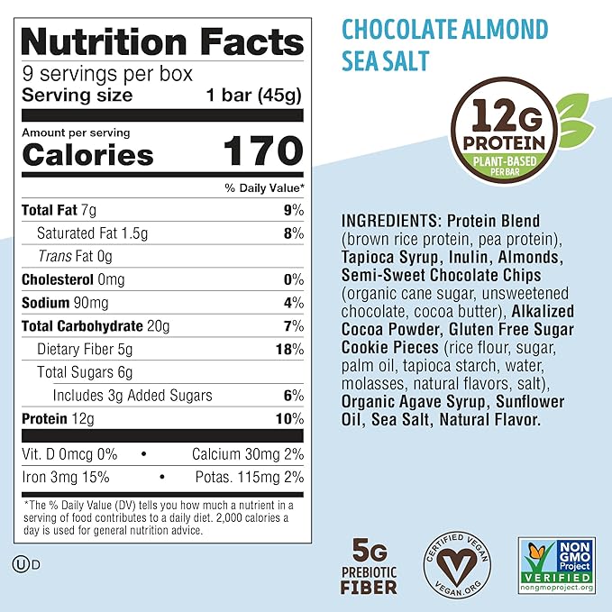 Lenny & Larry's Cookie-fied Protein Bar ??Chocolate Almond Sea Salt Vegan Protein Bars 9x45g ??Healthy Snacks with 12g Plant Protein & 5g Fiber ??Gluten free Power Bar, Keto Friendly, Non-GMO & Vegan