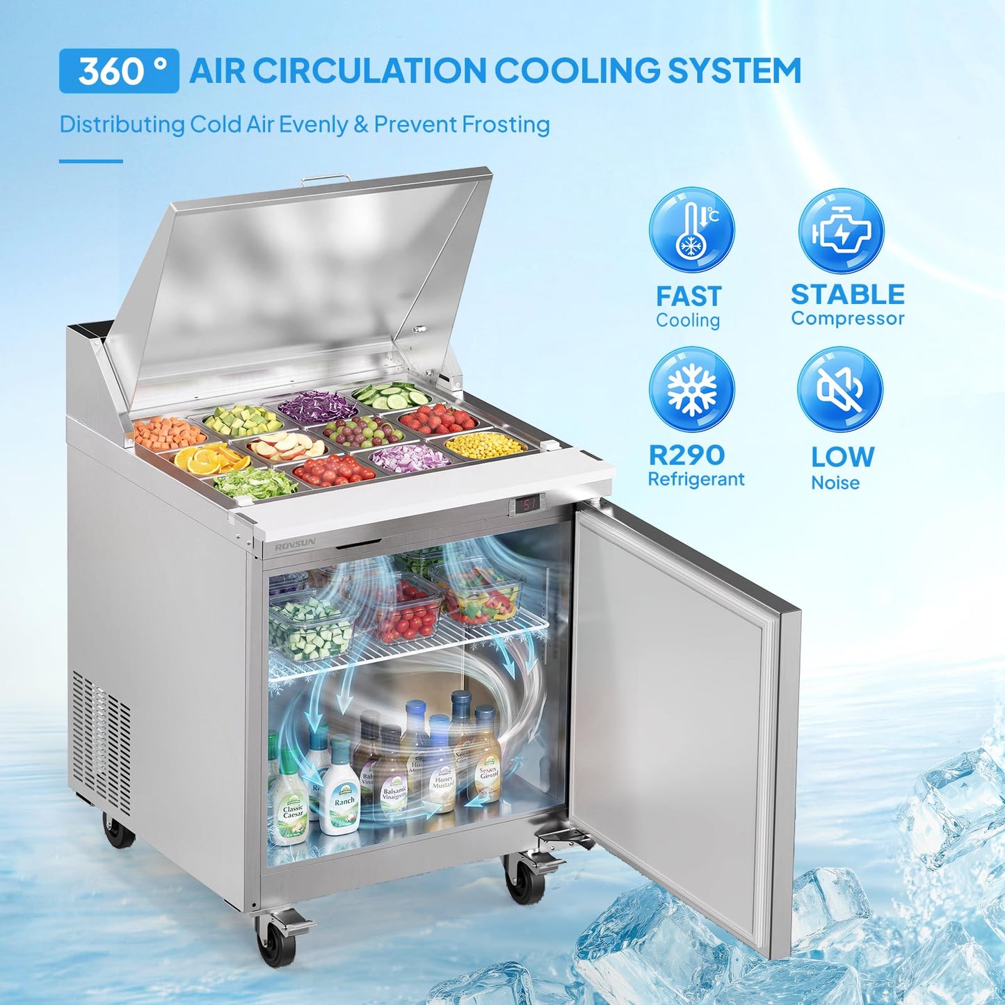 ROVSUN 29" W Sandwich Salad Prep Table Refrigerator ETL NSF, 7.6 Cu.Ft Commercial Refrigerator Salad Bar Stainless Steel w/12 Pans Cutting Board Lockable Wheels Front Door for Restaurant