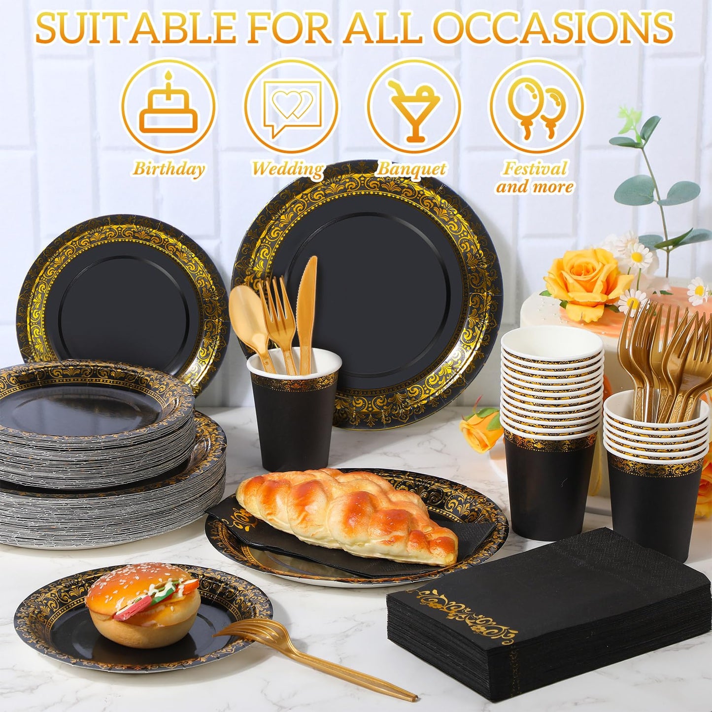 Didaey 700 Pcs Disposable Dinnerware Set for 100 Guests Include 200 Paper Plates, 300 Plastic Silverware, 100 Paper Cups, 100 Napkins for Wedding Birthday Party Supplies(Black Gold Pattern)