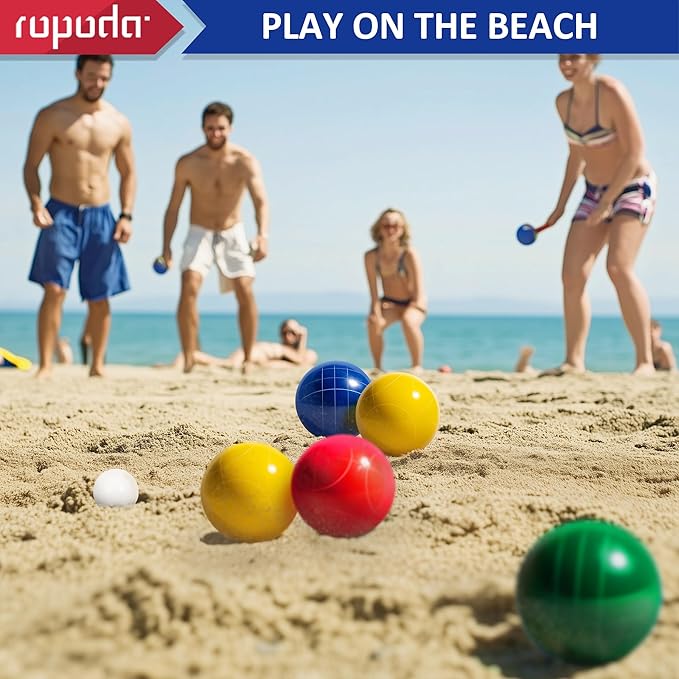 ropoda 100mm Bocce Ball Set Regulation Size and Weight with 8 Resin Bocce Balls, 50 mm Pallino, Carrying Bag, Measuring Rope, Backyard/Lawn/Beach/Outdoor, Bocci Games (Multi Colors, 2-8 Players)