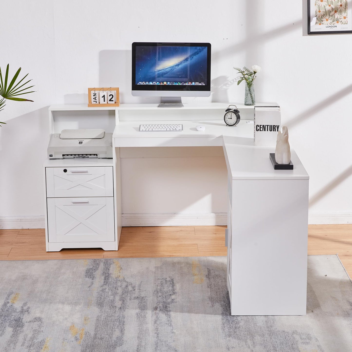 boknight 60" L Shaped Executive Desk with Printer Space,Corner Computer Desk with Power Outlets,Lockable Drawers & Adjustable File Cabnet,L Shaped Office Desk with Monitor Stand (White)