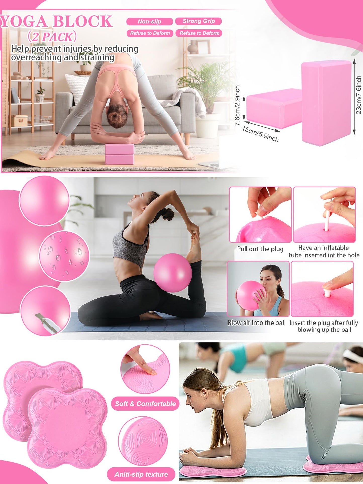 17 Pcs Yoga Essential Kit for Women, Pilates Equipment Starter Set for Beginners with Yoga Wheel Ball Blocks Strap Resistance Bands Wrist Rings Socks Towel & Carry Bag for Home Workouts(Pink)