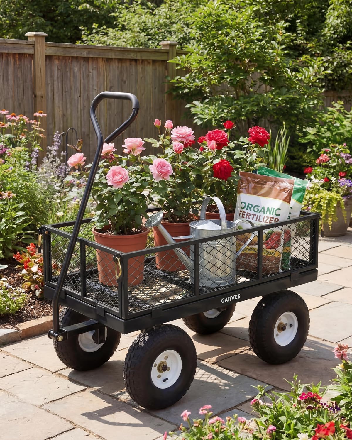 Garvee Versatile Outdoor Utility Cart - 400LBS Heavy-Duty, 10" All-Terrain Pneumatic Tires, Easy Maneuverable Lawn Cart with Removable Mesh Panels for Gardening & Landscaping，Black