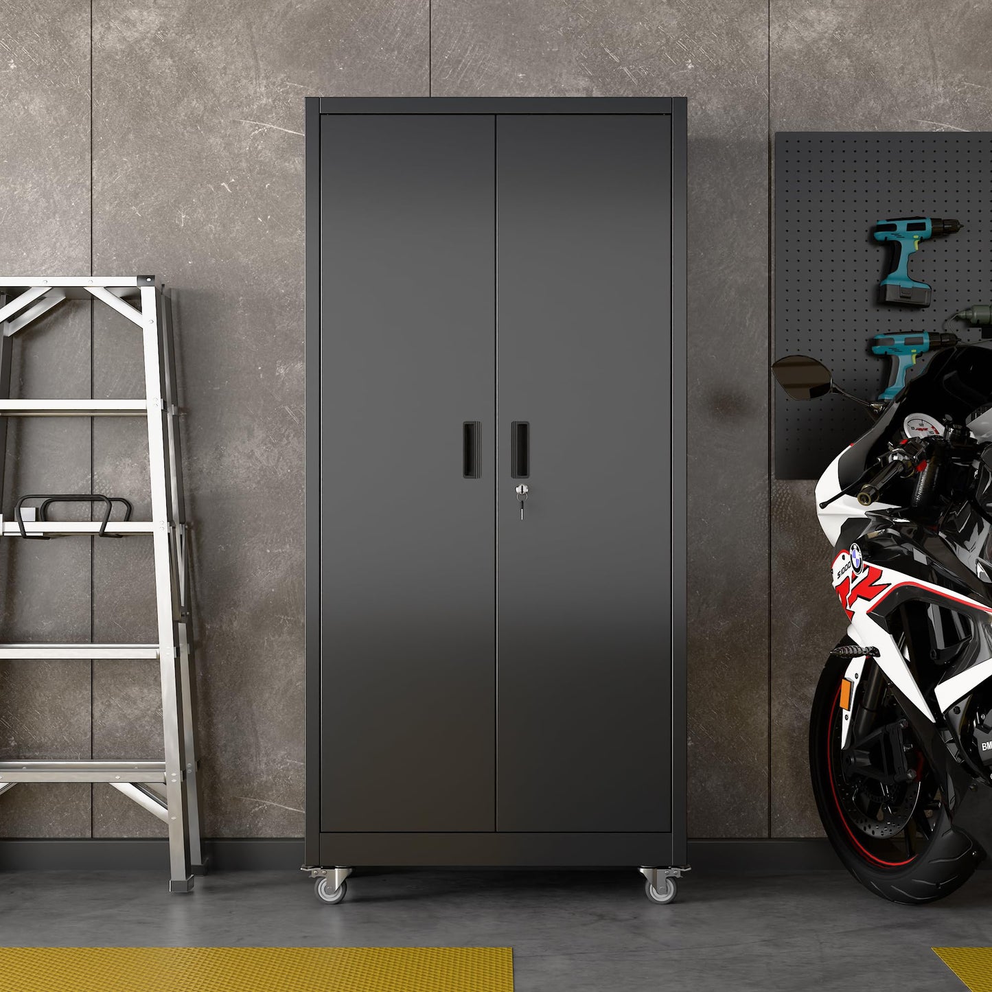 Reemoon Metal Storage Cabinet with Wheels and Pegboard, 71" Tall Garage Storage Cabinet with 5 Adjustable Shelves and Locking Doors, Heavy Duty Steel Utility Cabinet for Office