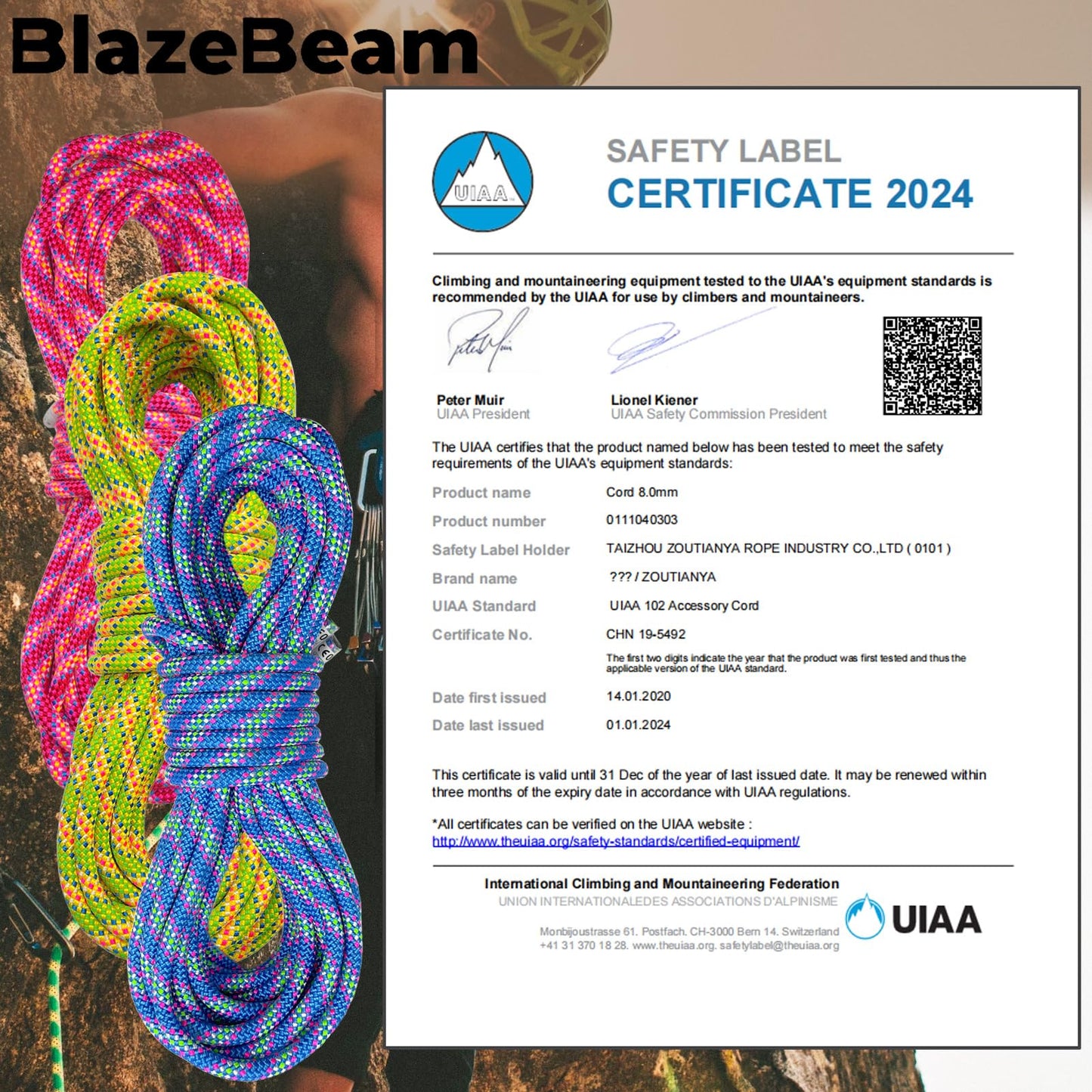 BlazeBeam 8mm Accessory Cord 30M (100ft) UIAA Rock Climbing Rope 14Kn High Tensile Strength Rock Climbing Accessories Cord Double Braid Nylon Cord for Mountain Tree Climbing, Canyoneering,Fire Rescue