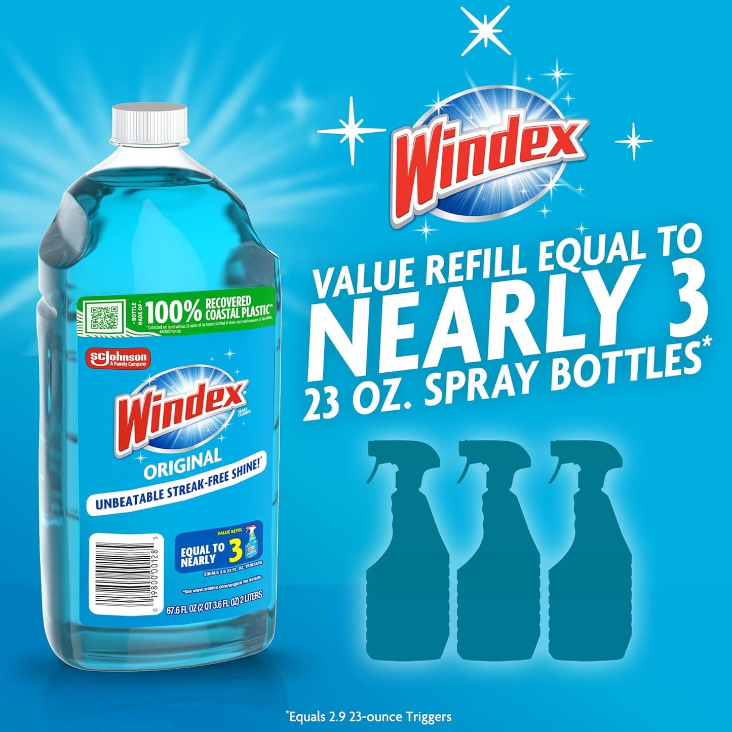 Windex Glass & Window Cleaner Refill - Eco-Friendly 100% Recycled Plastic, Original Blue Scent, 2L