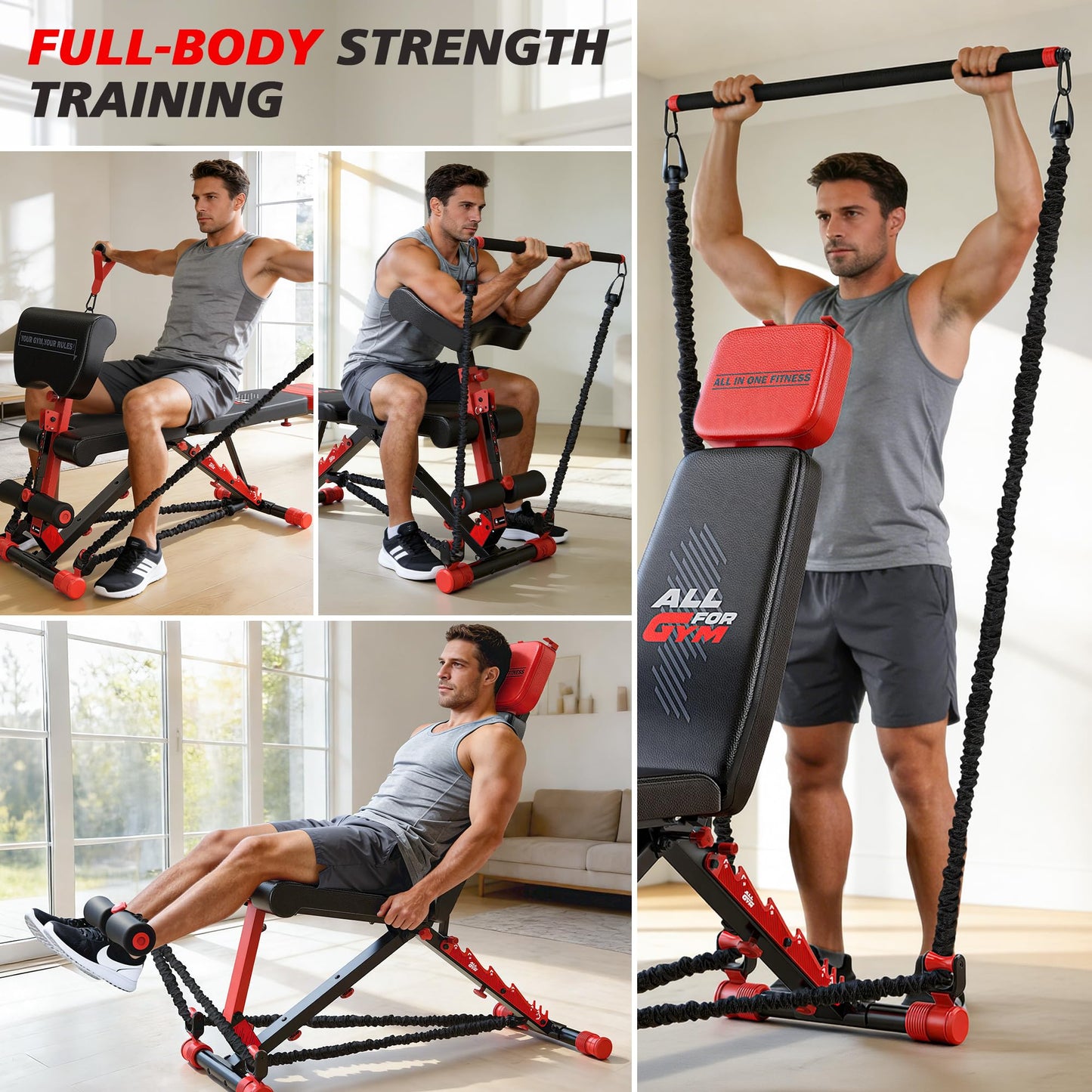 XDDIAS Workout Bench, Foldable Weight Bench with Variable Resistance Training Set, 880LBS Adjustable Bench with Leg Extension, Preacher Curl, Extended Headrest, Incline Decline Flat Bench for Strength Training