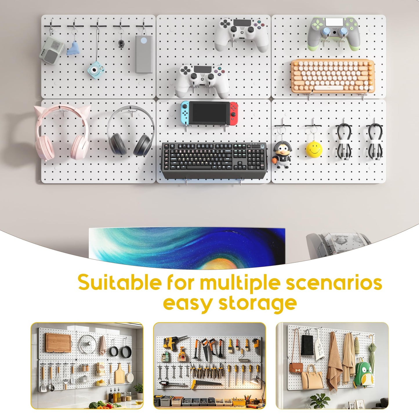 PHX Grove Peg Board for Tools, 6 Pack Metal Pegboard Wall Organizer with Hooks,14.76"×10.82" White Pegboard Panels for Walls Home, Garage Tool Storage, Kitchen, Office Organization, Craft Room