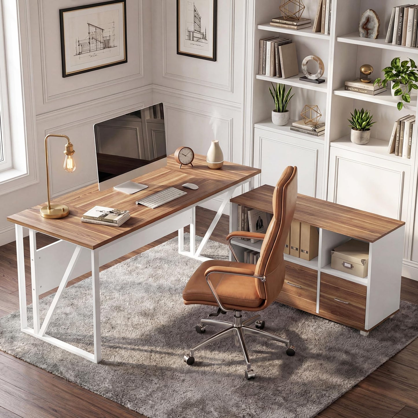 Tribesigns 63-Inch Executive Desk with 47" Mobile File Cabinet, L-Shaped Computer Desk with Drawers & Shelves, Large Industrial Home Office Desk Set with Storage (Light Brown & White)