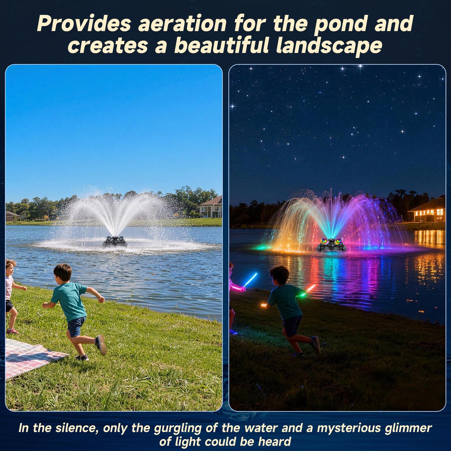 RELIY Pond Fountain Aerator, With 4 RGB Lights 1HP 110V 15000 GPH Stainless Steel Fountain Pump, Fully Automatic Powerful Lake Floating Fountain, 100 FT Power Cord, Programmable Timer Switch