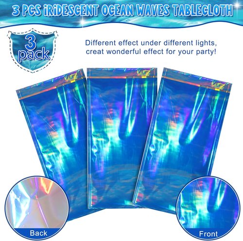 Iridescent Waves Tablecloths - Disposable Ocean Blue Rectangle Covers for Beach Party | 54 x 108 Inch