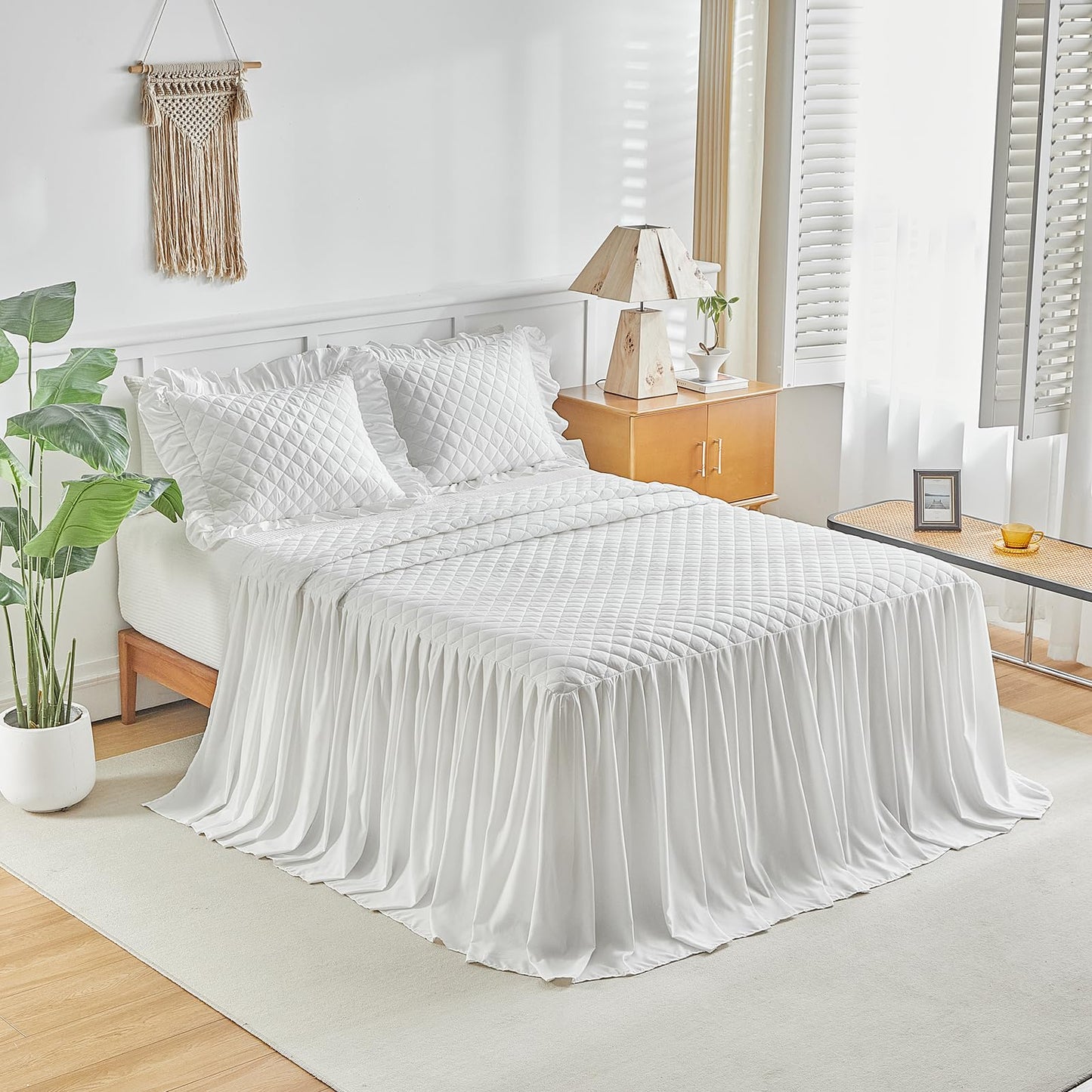 Ruffle Skirt Bedspread Set - 30" Long Drop - Vintage Chic Ruffled Summer Coverlet Bed Spreads Quilt Boho Bedding Farmhouse Style Lightweight Luxurious Rustic 3 Piece Set Queen Size White