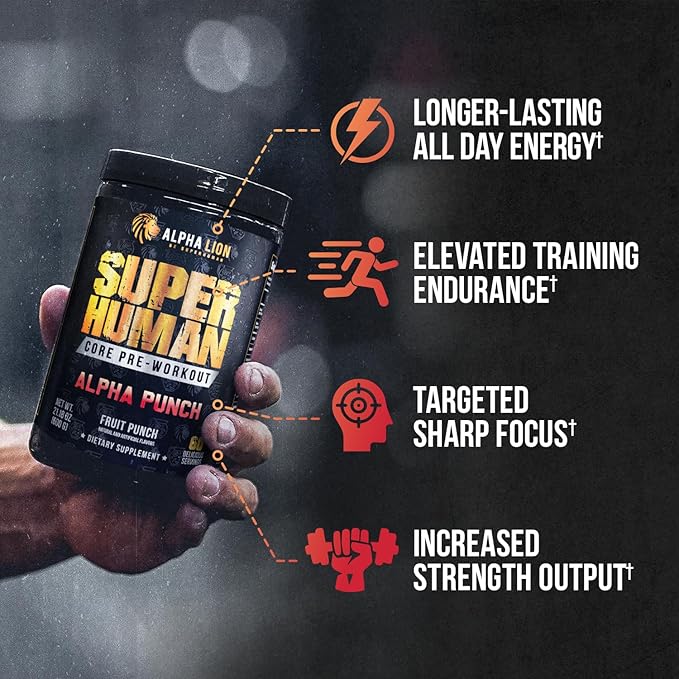 ALPHA LION Core Pre Workout Powder with Creatine for Performance, Beta Alanine for Muscle, L-Citrulline for Pump & Tri-Source Caffeine for Sustained Energy (60 Servings, Alpha Punch Flavor)