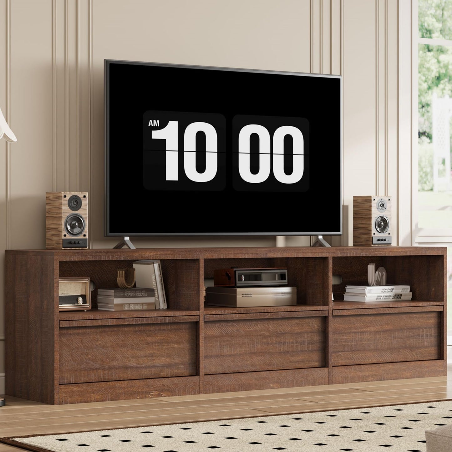 Garvee Mid Century Modern TV Stand for 65 70 75 in TVs, Industrial Entertainment Center with 3 Drawers & Open Shelves, Sturdy MDF for Living Room & Bedroom, Vintage
