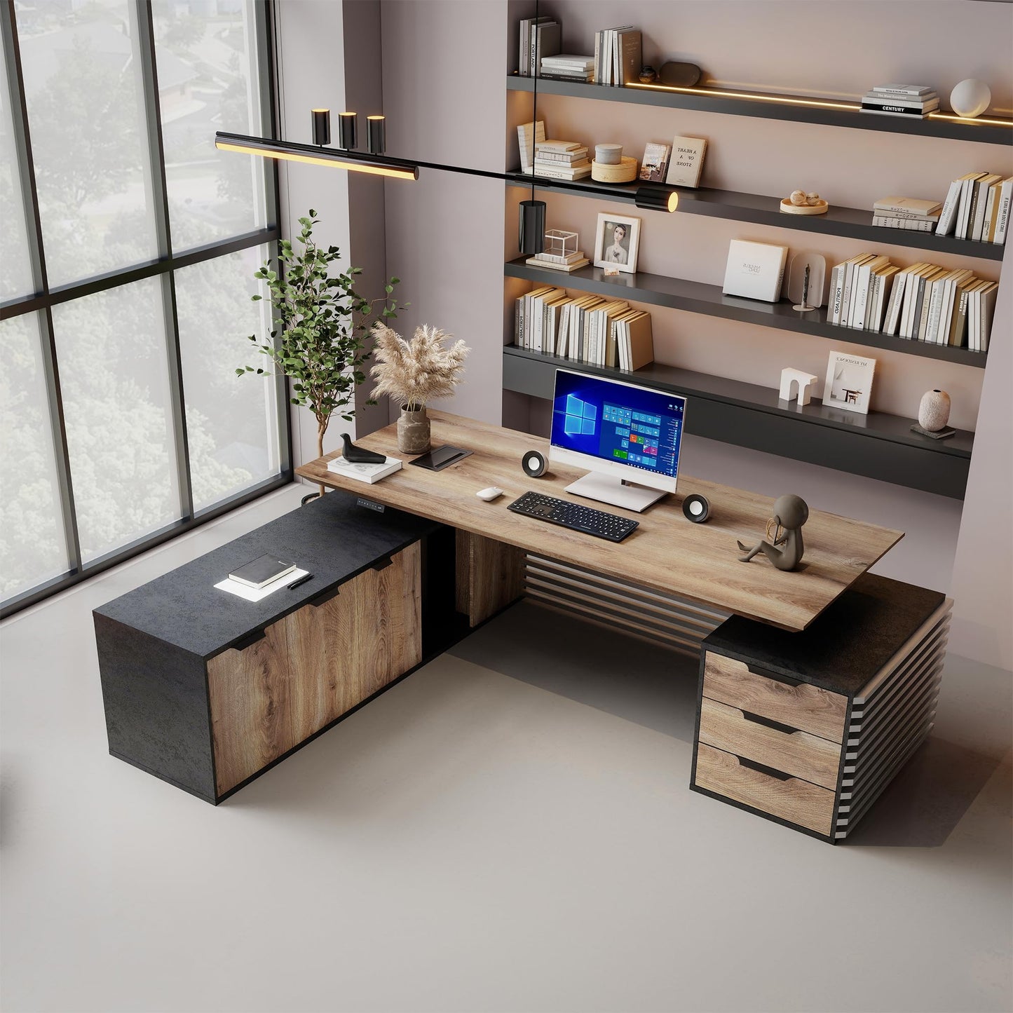 86.61IN Adjustable Heigh L Shaped Executive Desk w/7Cabinet Storage, Modern Computer Standing Home Office Desk w/Universal Charging Ports, Large Writing Table Business Furniture Workstation
