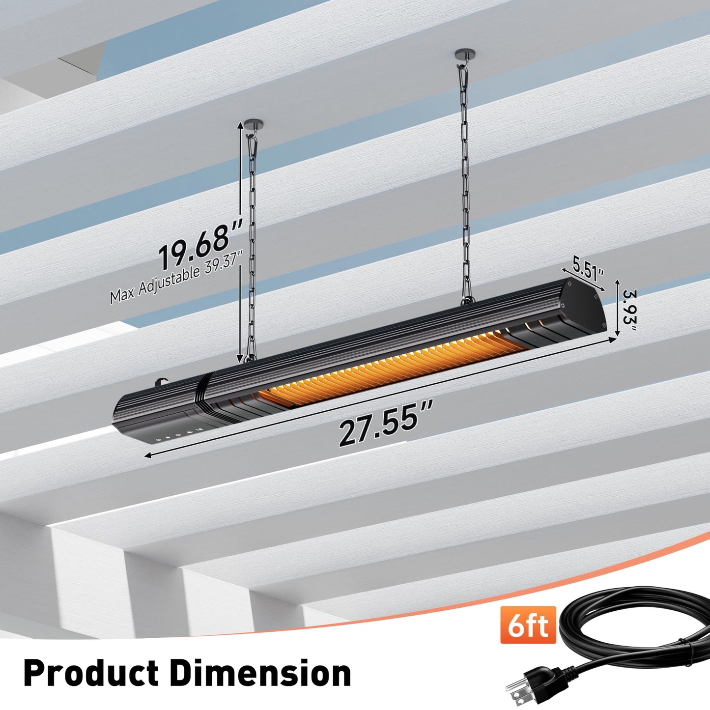 Ceiling Electric Outdoor Heater Wifi Control Wall-Mounted Hanging Patio 1500W Infrared 9 Heat Levels, 24H Timers, Carbon Fiber Tube Heating Wall Heater for Gazebo, Balcony