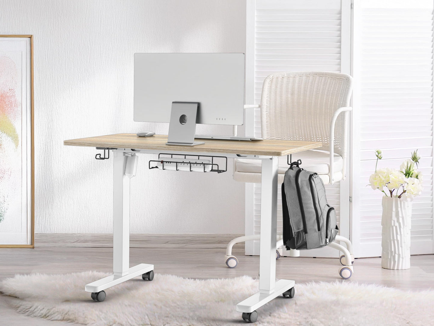 SHW 40-Inch Mobile Electric Height Adjustable Sit to Stand Desk with Drawer, Hanging Hooks and Cable Management, Maple