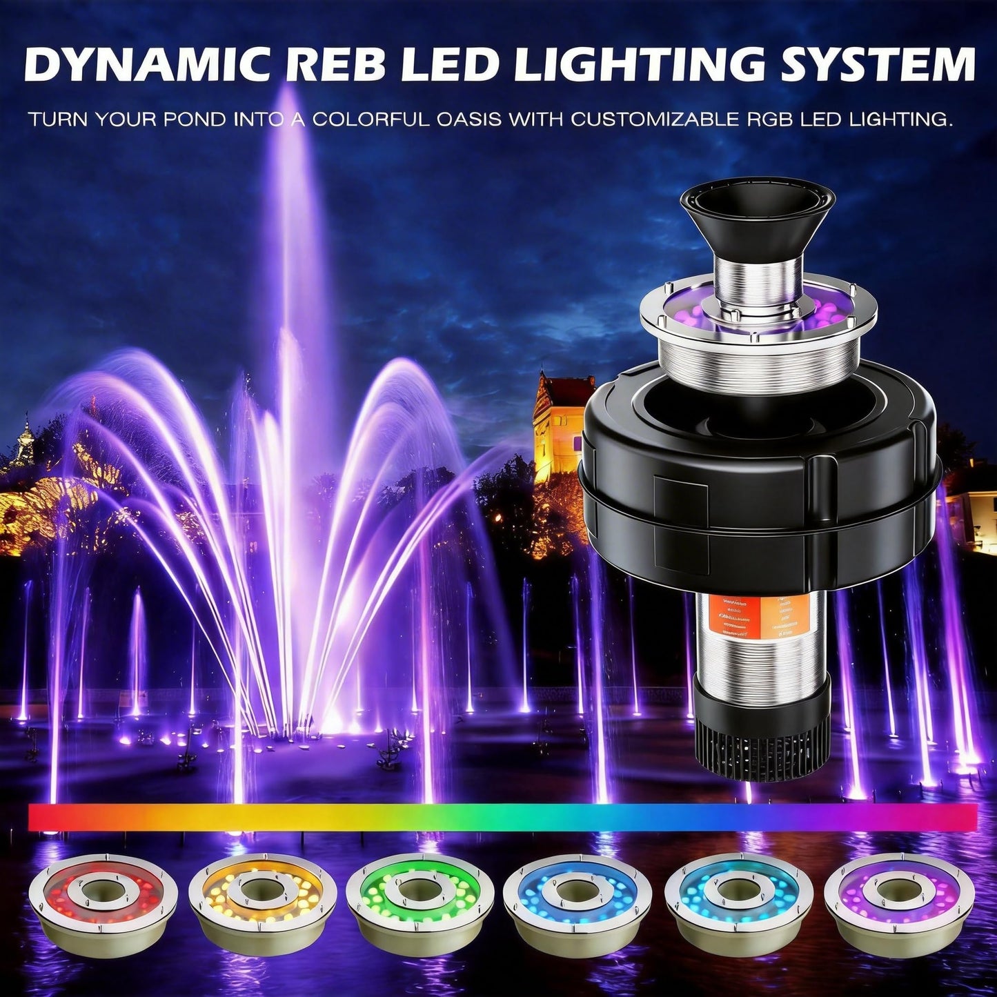 Large Energy-Efficient 1HP Pond Aerator with Automatic 5-Color Changing LED Lighting – 15000 GPH 750W Floating Fountain Pump for Ponds & Lakes, Includes 100ft Cable & Timer Controller