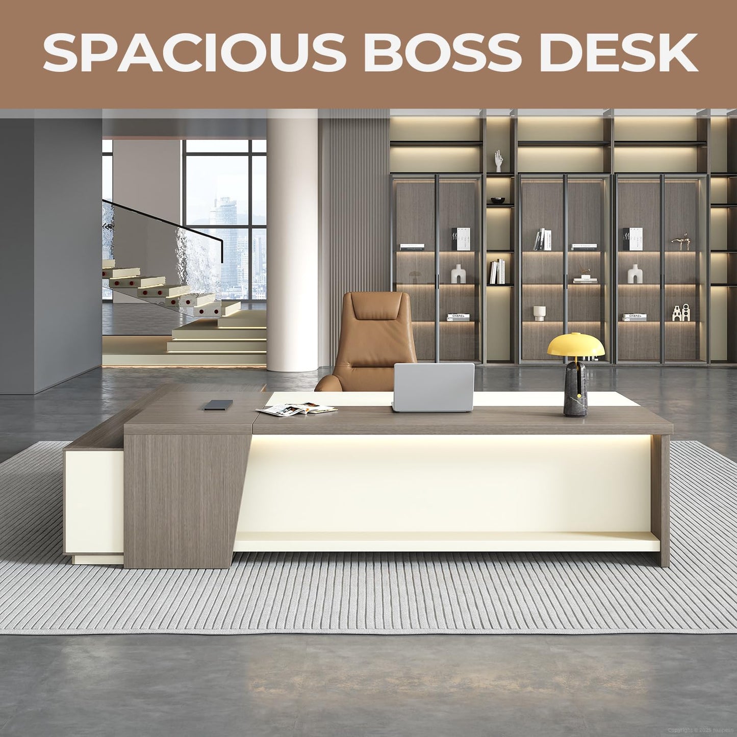 ZIMASYA 79 Inch L Shaped Executive Office Desk with Storage Cabinet, Right Return Desk with 2 AC Outlets and 2 USB Ports, Lockable Drawer, Cable Management Box, Smoked Gray and Off White