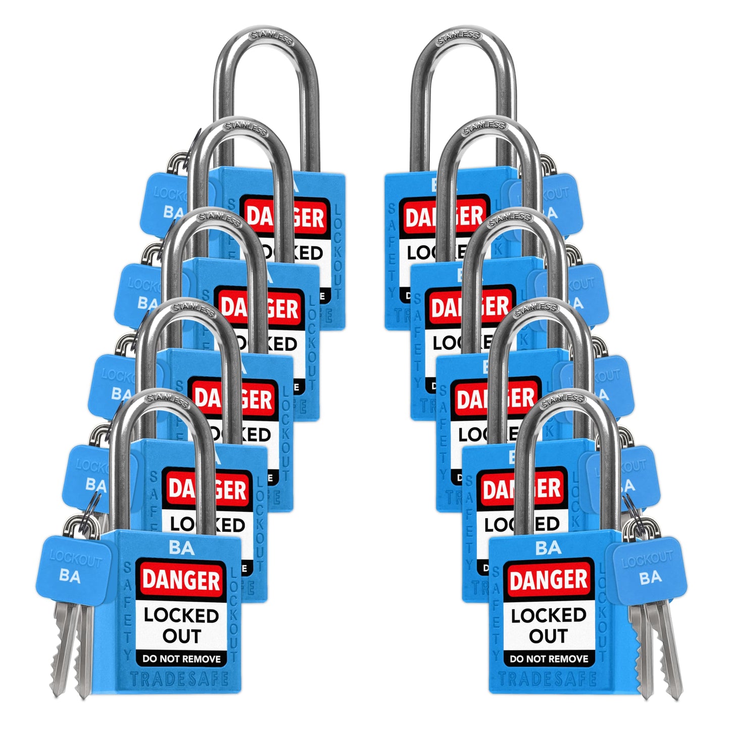 TRADESAFE Lockout Tagout Lock Sets, 10 Blue Keyed Alike Unlimited Grouping Safety Padlocks, 2 Keys Per Lock, OSHA Compliant Loto Locks, for Lock Out Tag Out Kits