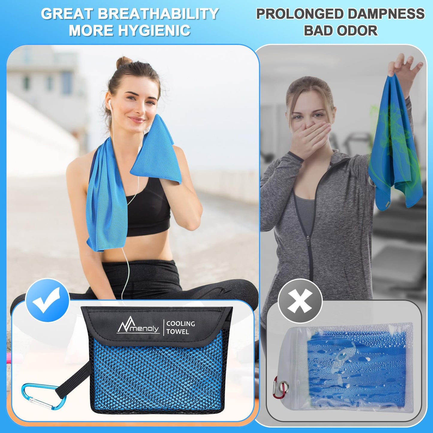 MENOLY 6 Pack Cooling Towels, 40"x12" Cooling Towels for Neck and Face with Breathable Carrying Bags,Soft Microfiber Instant Cooling Rags, Gym Workout Sweat Towel for Sports, Yoga, Camping, Running