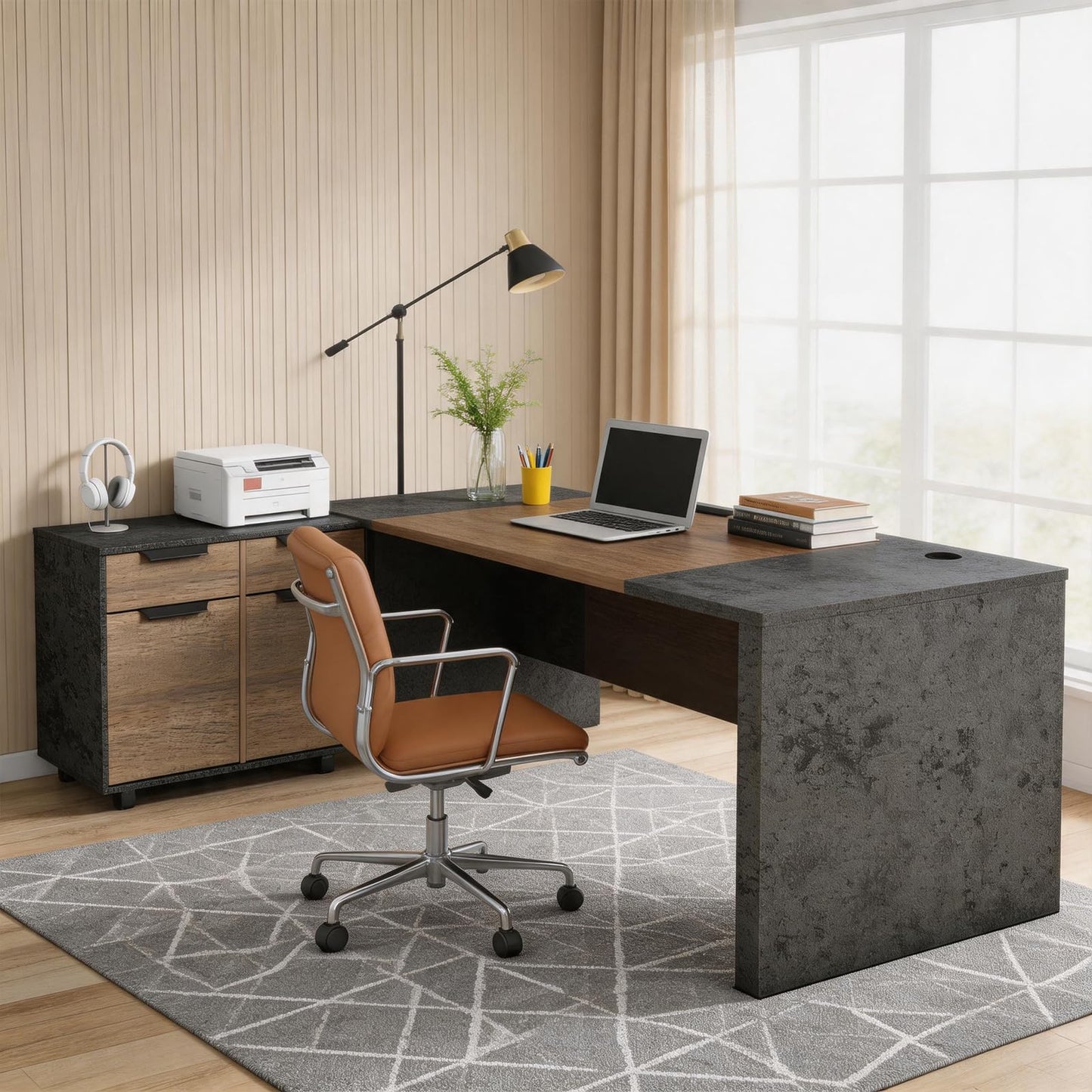 SAINTCY Executive Office Desk with Mobile File Cabinet, L Shaped Desk with Power Outlet & Drawers, Modern Wood Office Desk for Home Office, Studio & Business Workspace (Dark Walnut, 78.75" W)