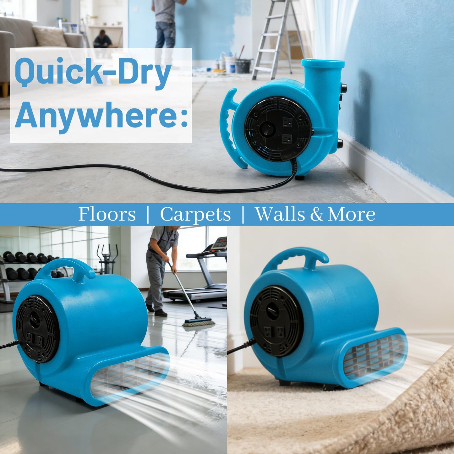 dreamdragon Air Mover Blower Fan 280W 1/2 HP Carpet Dryer Fan 2500 CFM Portable Floor Blower 3-Speed Settings Room Blower for Fast Drying, Cooling & Air Circulation