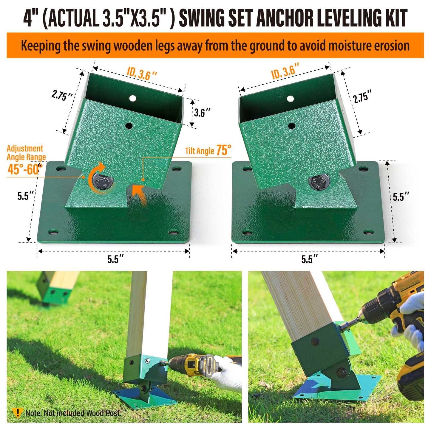 Swing Brackets Heavy Duty Swing Leveling Base Brackt 45°-60° Angle Range Swing Set Brackets Stainless Steel Swing Anchor Leveling Kit Bracket Level on Uneven Ground fits Grass Gravel and Hard Ground