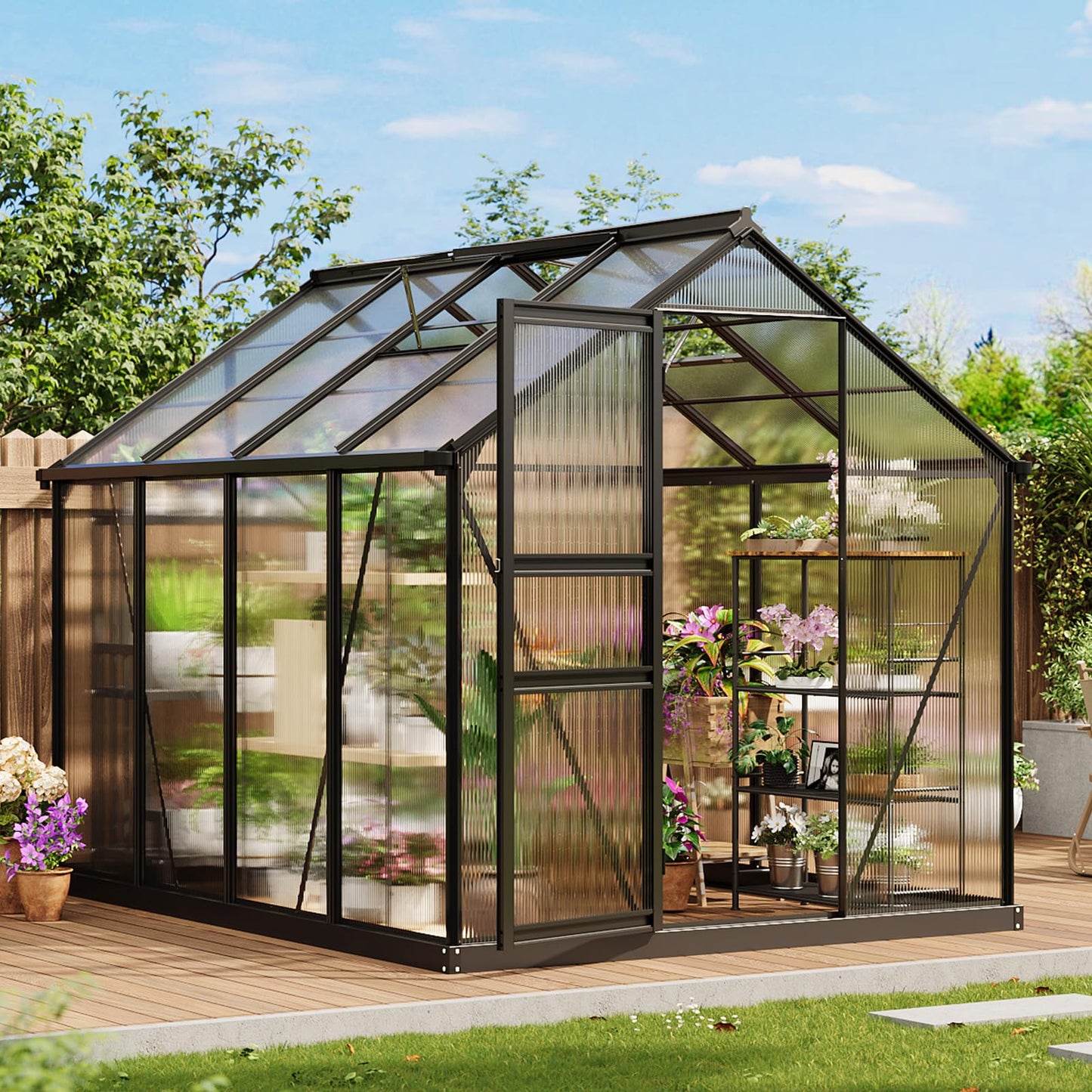 GarveeLife Greenhouse, 8×6FT Greenhouses for Outside, Polycarbonate Greenhouse with Aluminum Frame, Lockable Door and Ajustable Roof Vent for Backyard, Green Houses for Outside Garden Backyard, Patio
