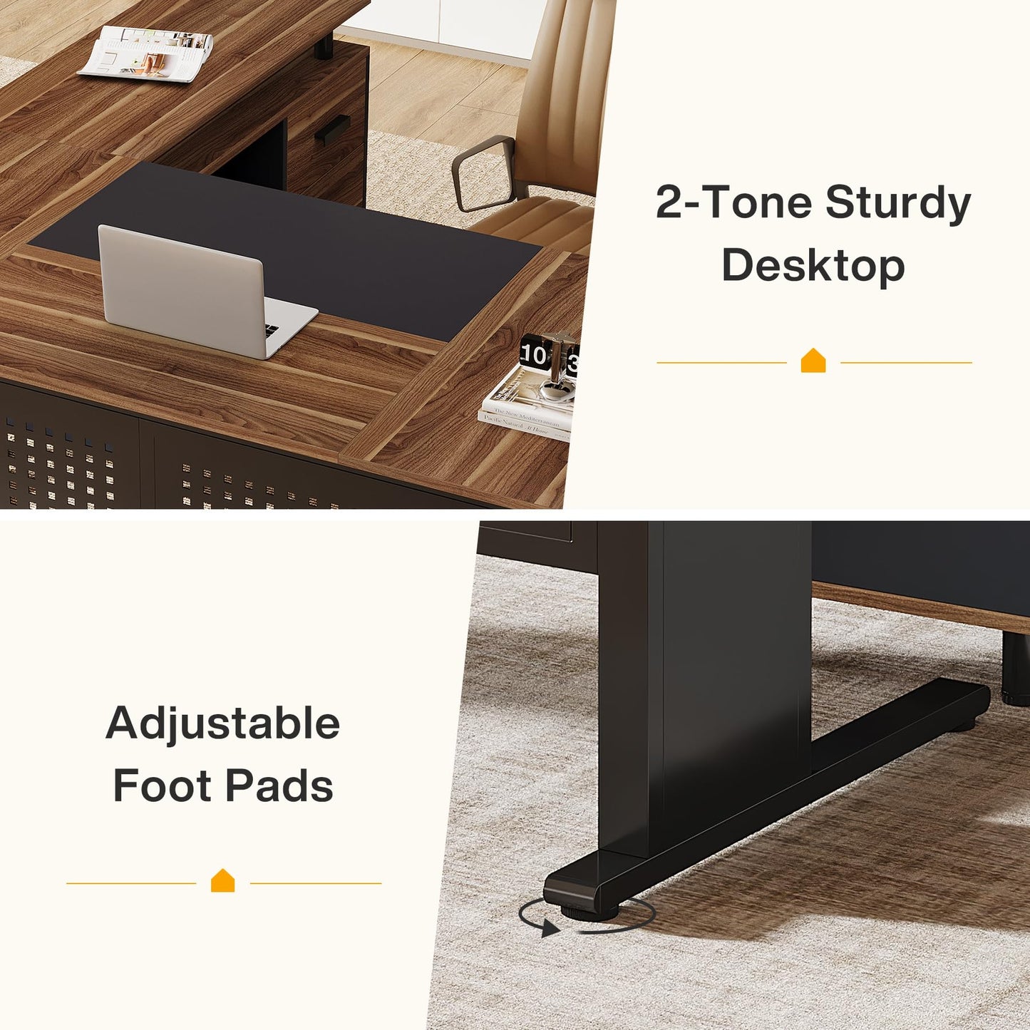 Tribesigns 63-Inch L-Shaped Executive Desk with Storage Shelves, Large Office Computer Desk with Drawers and File Cabinet, Industrial Business Workstation for Home Office, Brown and Black